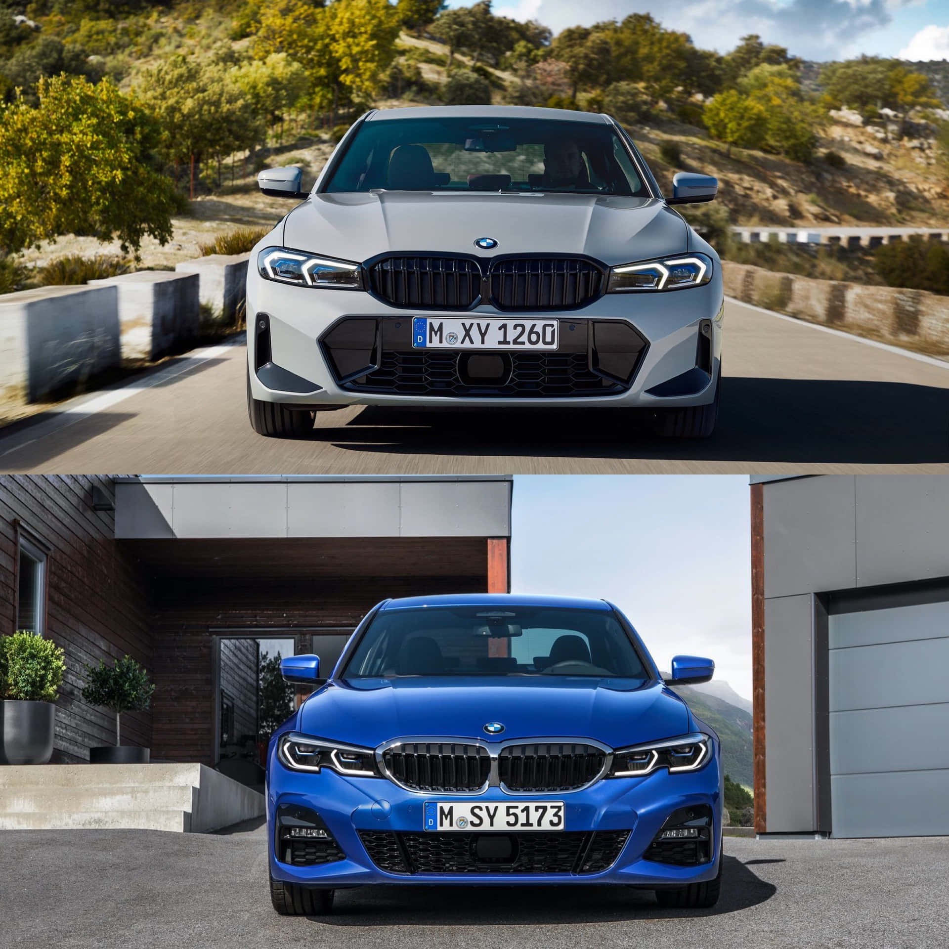 Bmw 3 Series 桌布 壁紙 — 一輛銀色寶馬轎車在蜿蜒的山路上行駛，而一輛藍色寶馬轎車停在一棟現代化房屋前面。