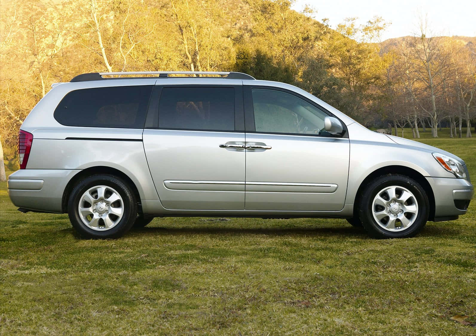 Hyundai Entourage 桌布 壁紙 — 一輛銀色小型貨車停在草地上，背景是金色的樹木和山丘，在明亮的日光下。