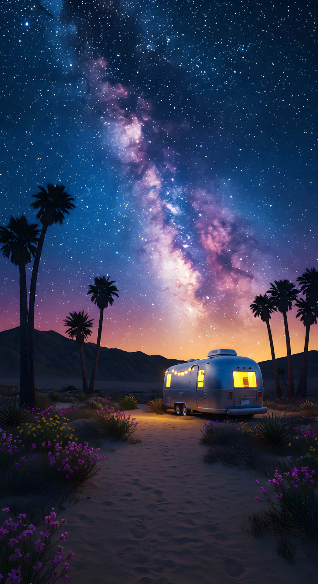 Peaceful Life in the Middle of the Desert 壁紙 — 一輛銀色復古露營車在沙漠棕櫚樹和紫色花朵上方拱起的生動銀河下溫暖地發光。
