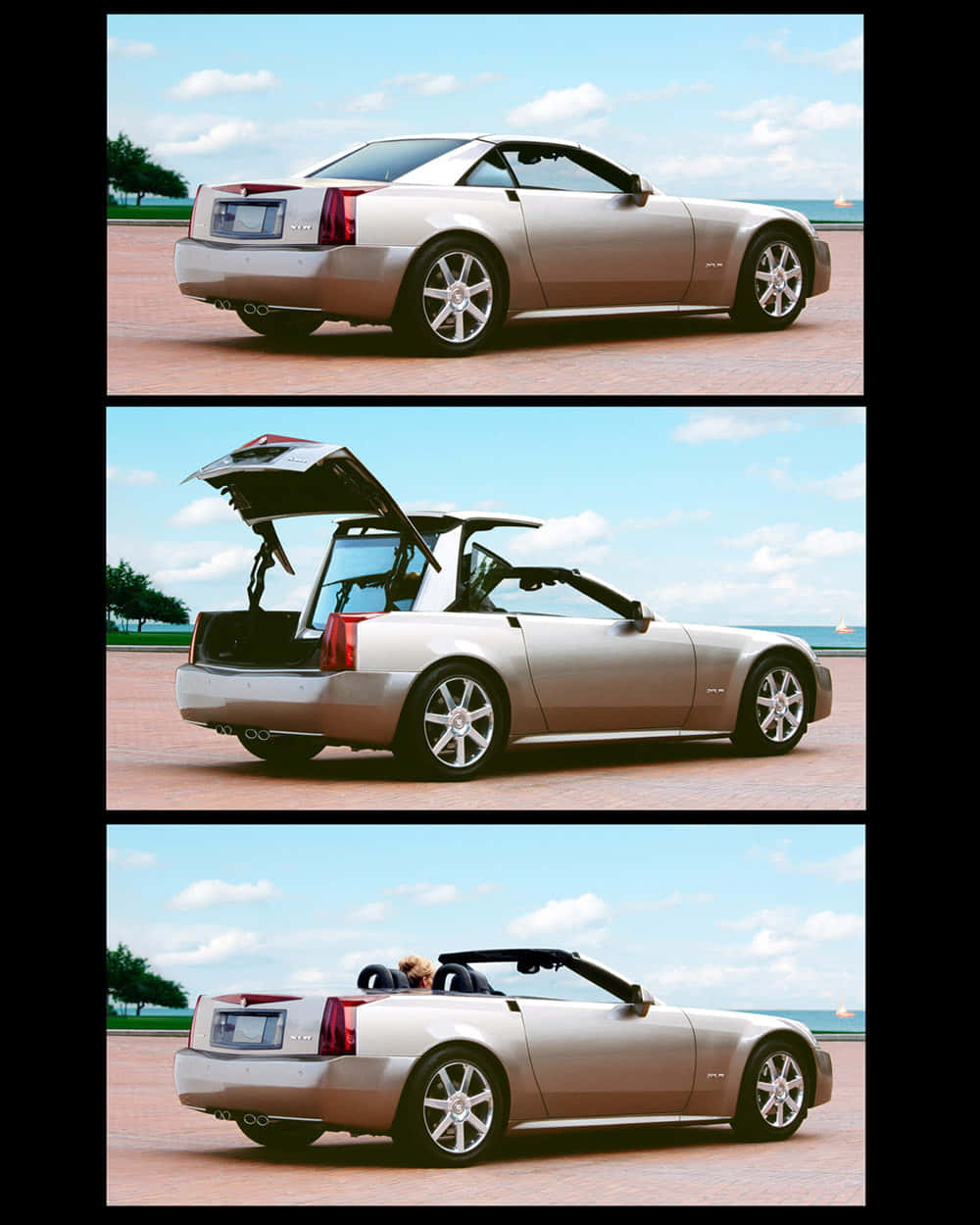 Cadillac Xlr 桌布 壁紙 — 一輛銀色敞篷跑車以三個視角展示，後車廂打開，車頂放下，靠近海洋。