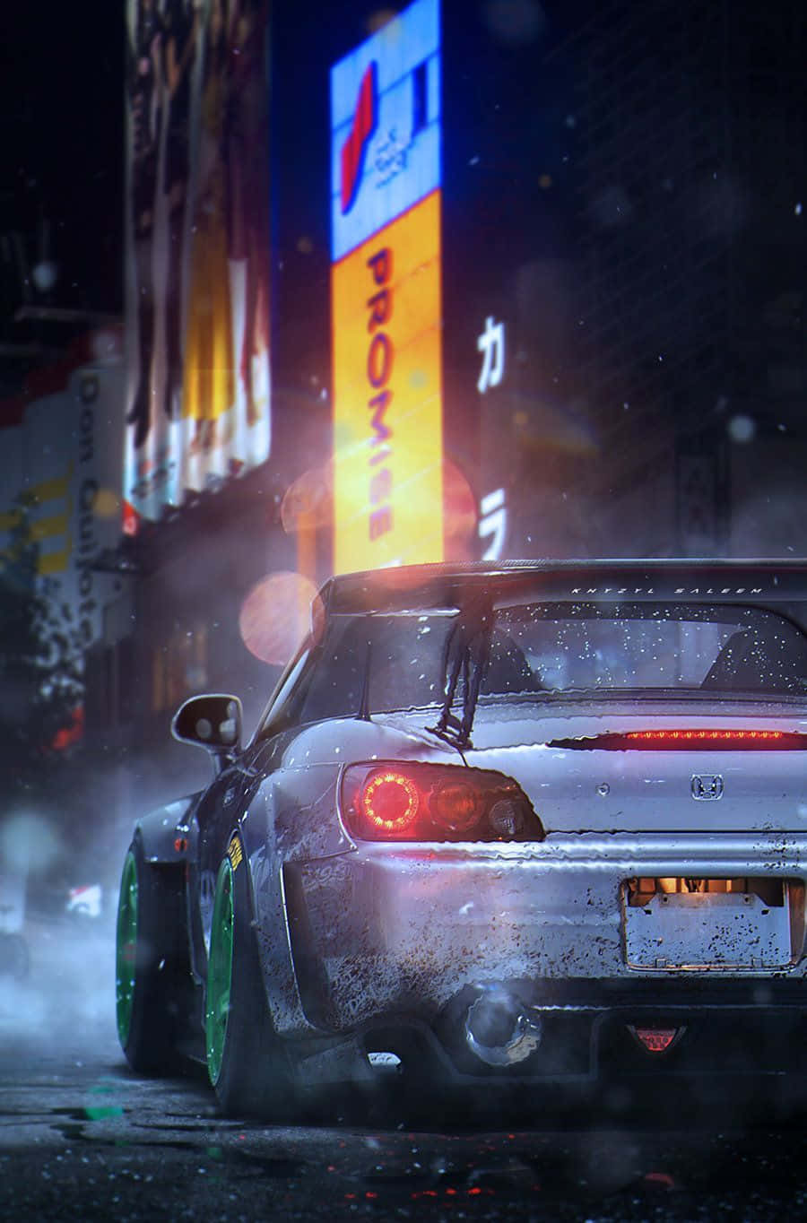 Honda S2000 桌布 壁紙 — 一輛銀色甩尾車搭配綠色輪胎，在夜晚東京濕滑的霓虹街道上冒煙奔馳。