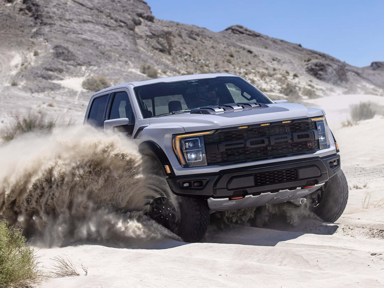 Ford F 150 桌布 壁紙 — 一輛銀色福特 F-150 Raptor SUV 在塵土飛揚的沙漠景觀中強勁行駛，在明亮的日光下揚起沙塵。