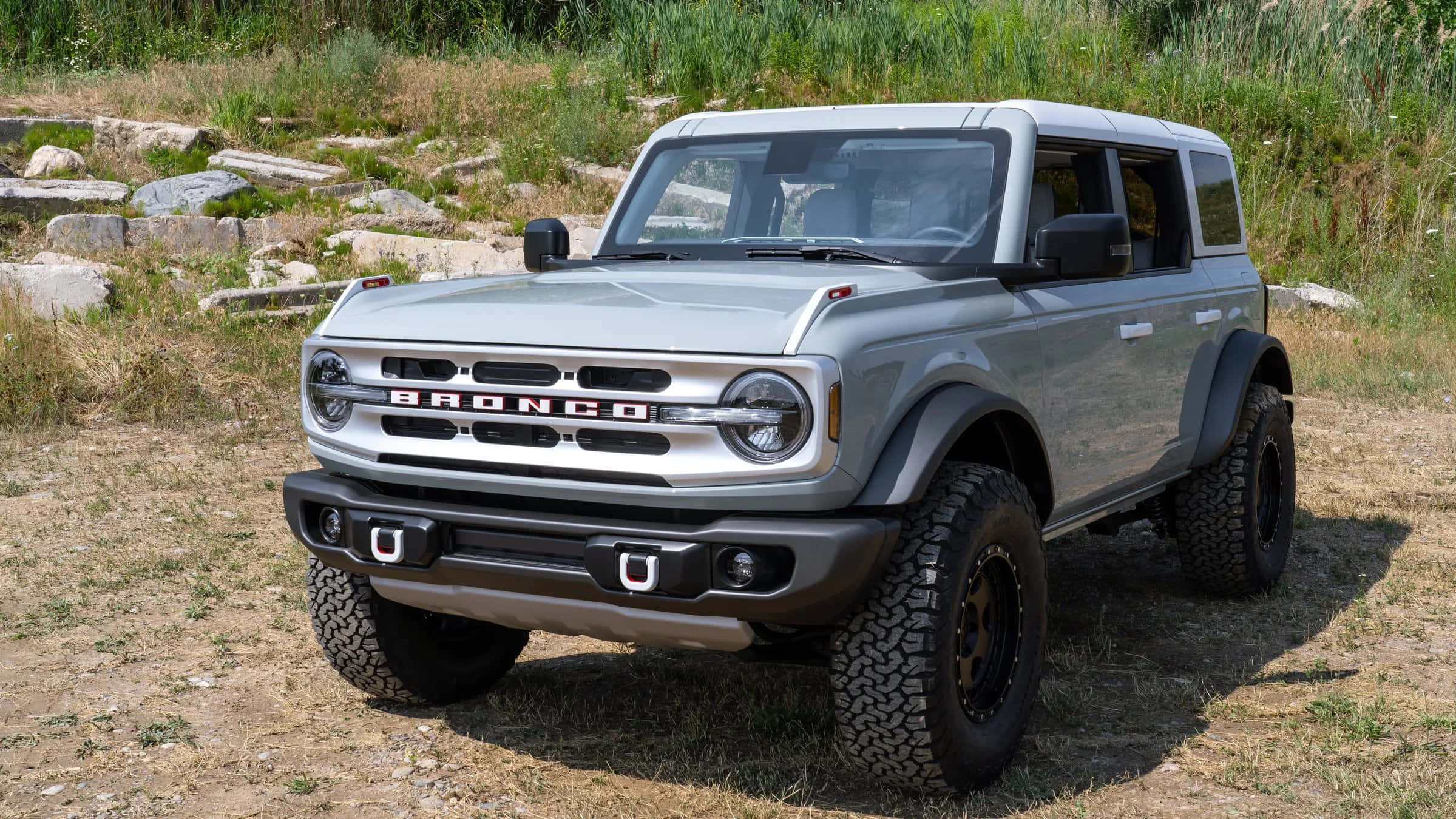 福特野馬越野車 桌布 壁紙 — 一輛銀色福特Bronco SUV在明亮的日光下，堅固地停在乾草和岩石上，背景有綠色樹葉。