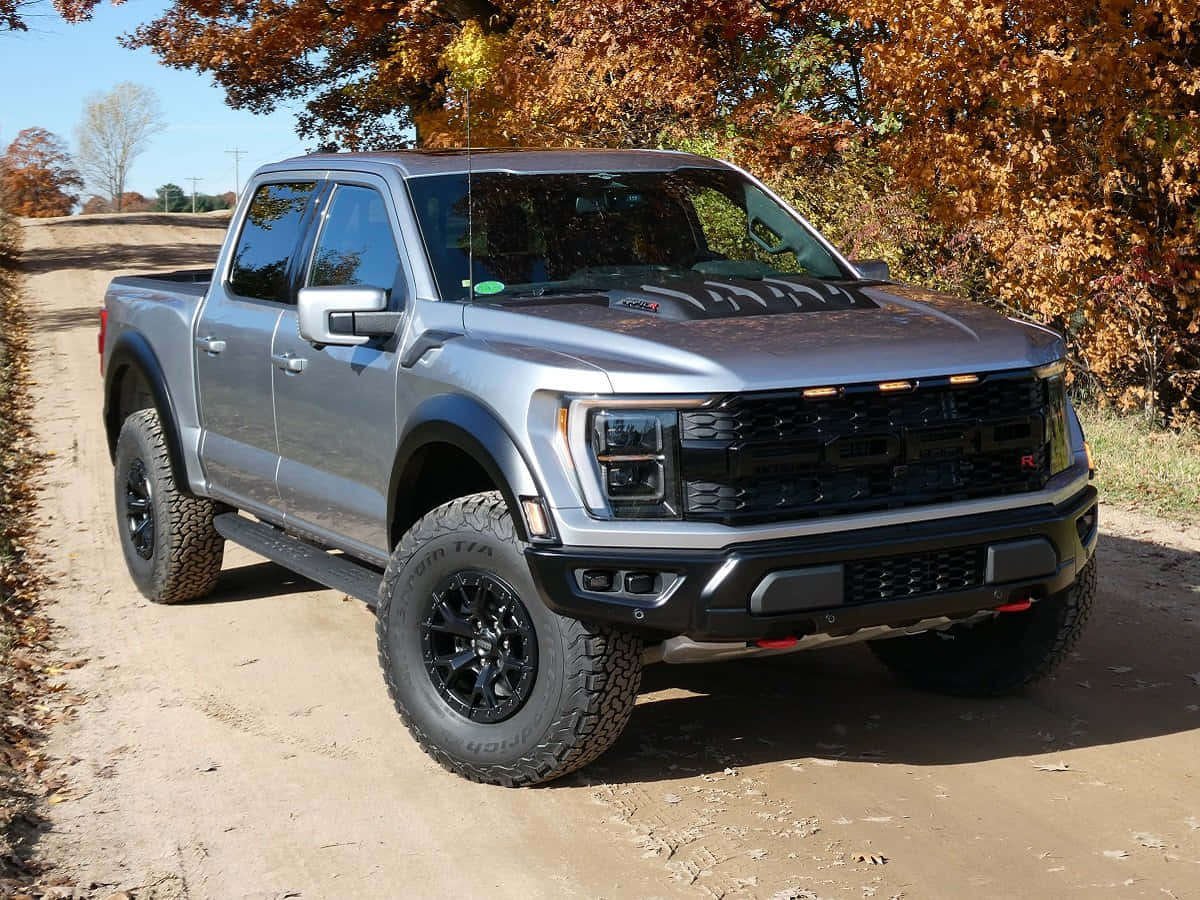 福特 桌布 壁紙 — 一輛銀色福特F-150 Raptor卡車，配備黑色車輪和格柵，停在由金黃色葉子的秋樹環繞的泥路上。
