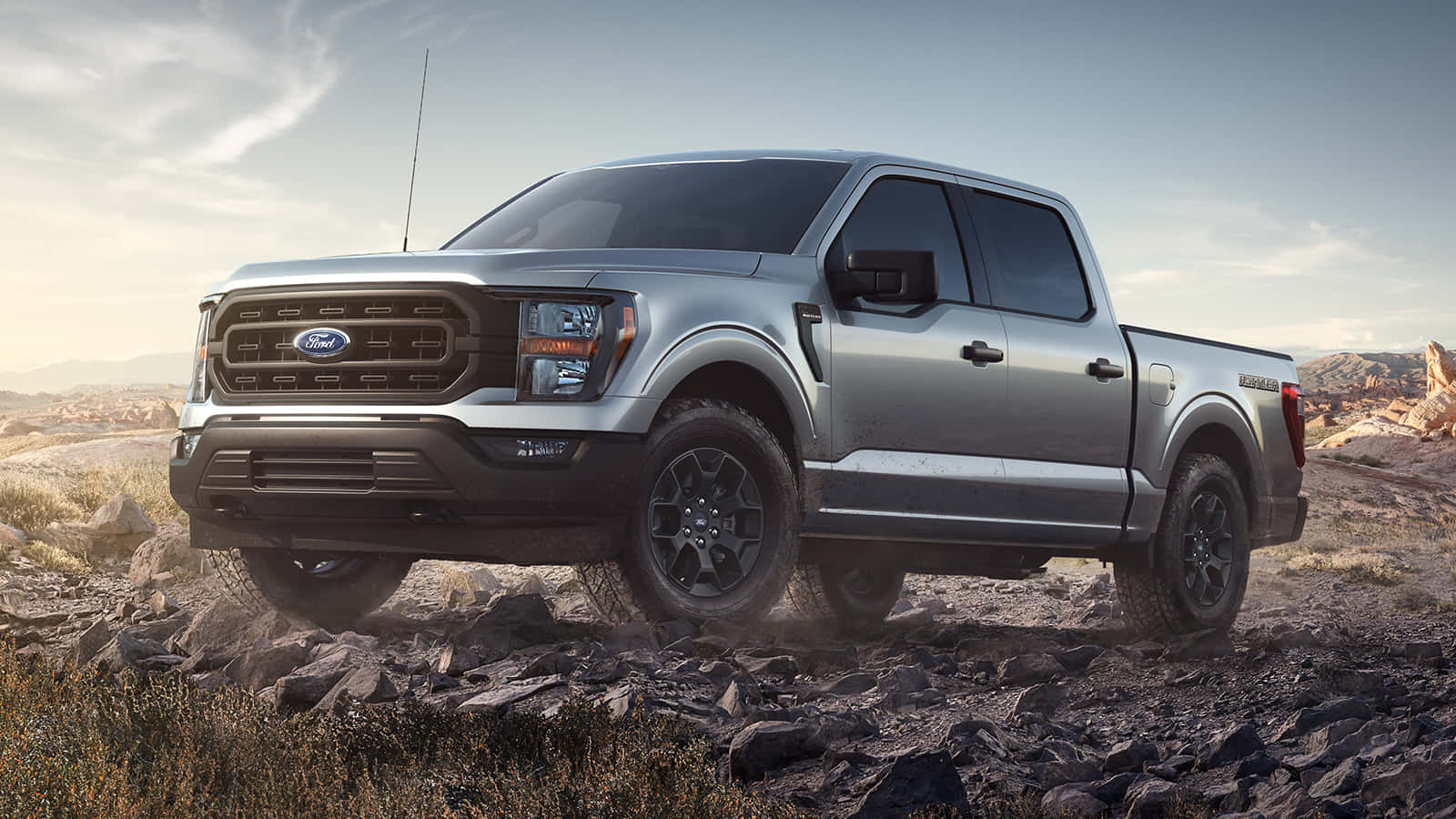 Ford F 150 桌布 壁紙 — 一輛銀色福特F-150皮卡車在晴朗天空下行駛於岩石地形，遠方有山脈。