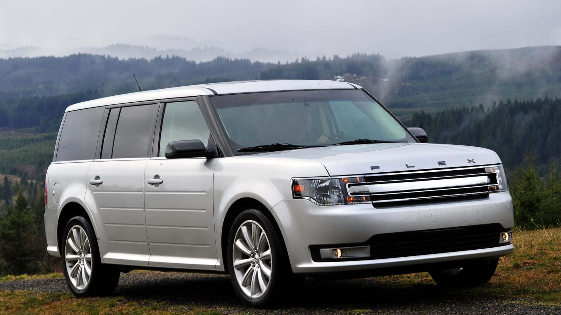Ford Flex 桌布 壁紙 — 一輛銀色福特Flex SUV停放在長滿草的山坡上，背景是霧氣瀰漫的森林山脈。