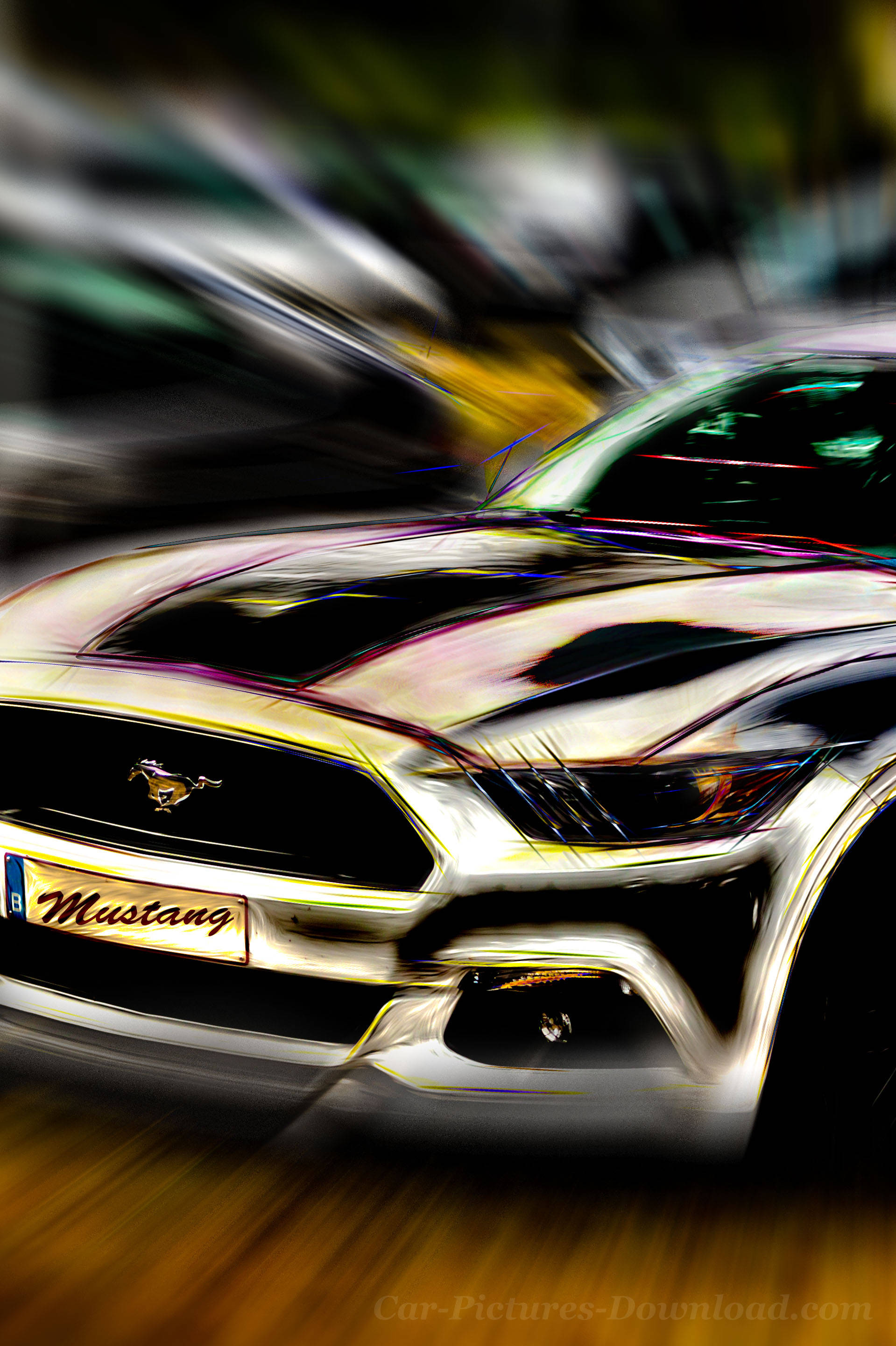 Cool Mustang 桌布 壁紙 — 一輛銀色福特野馬在動態低角度鏡頭中向前疾馳，帶有綠色、黃色和棕色的動態模糊痕跡。