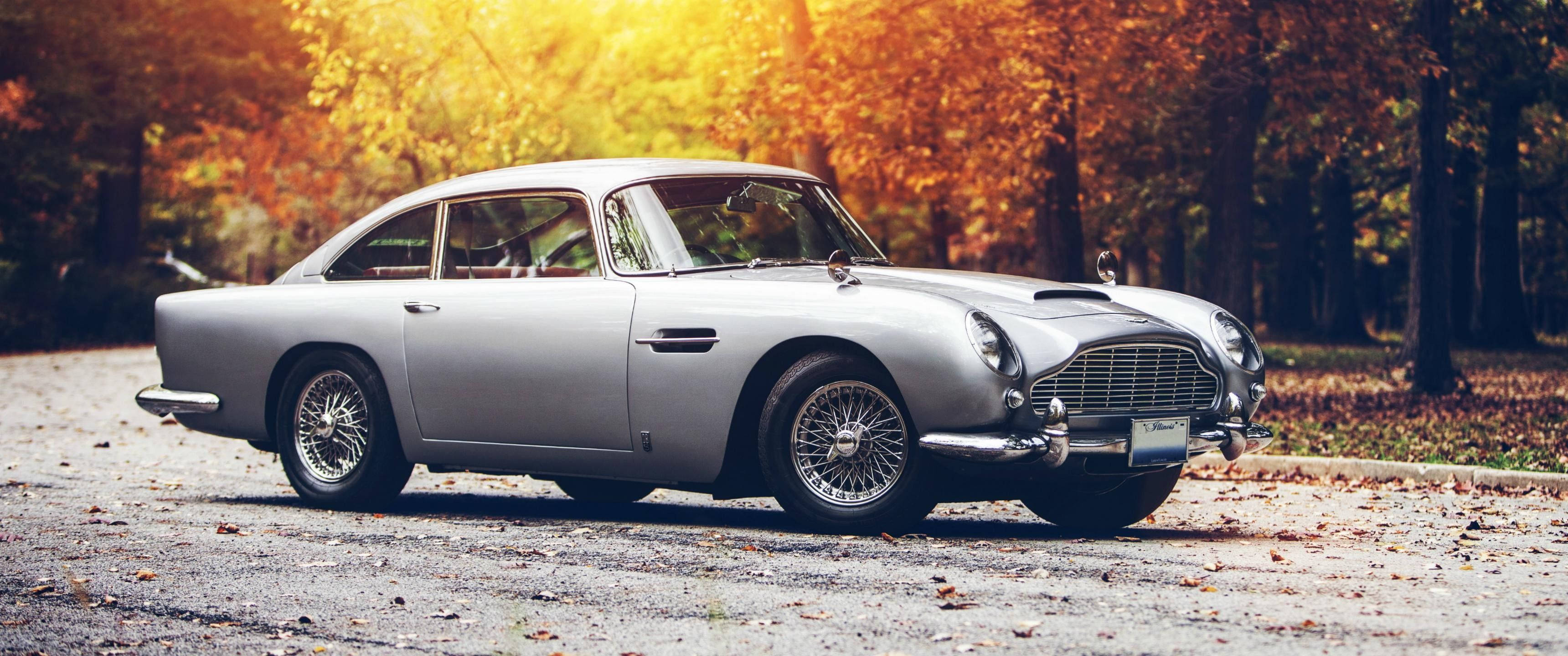 Cool Car 桌布 壁紙 — 一輛銀色經典 Aston Martin DB5 停泊在碎石路上，周圍是金黃色的秋樹，陽光穿過樹葉灑落。