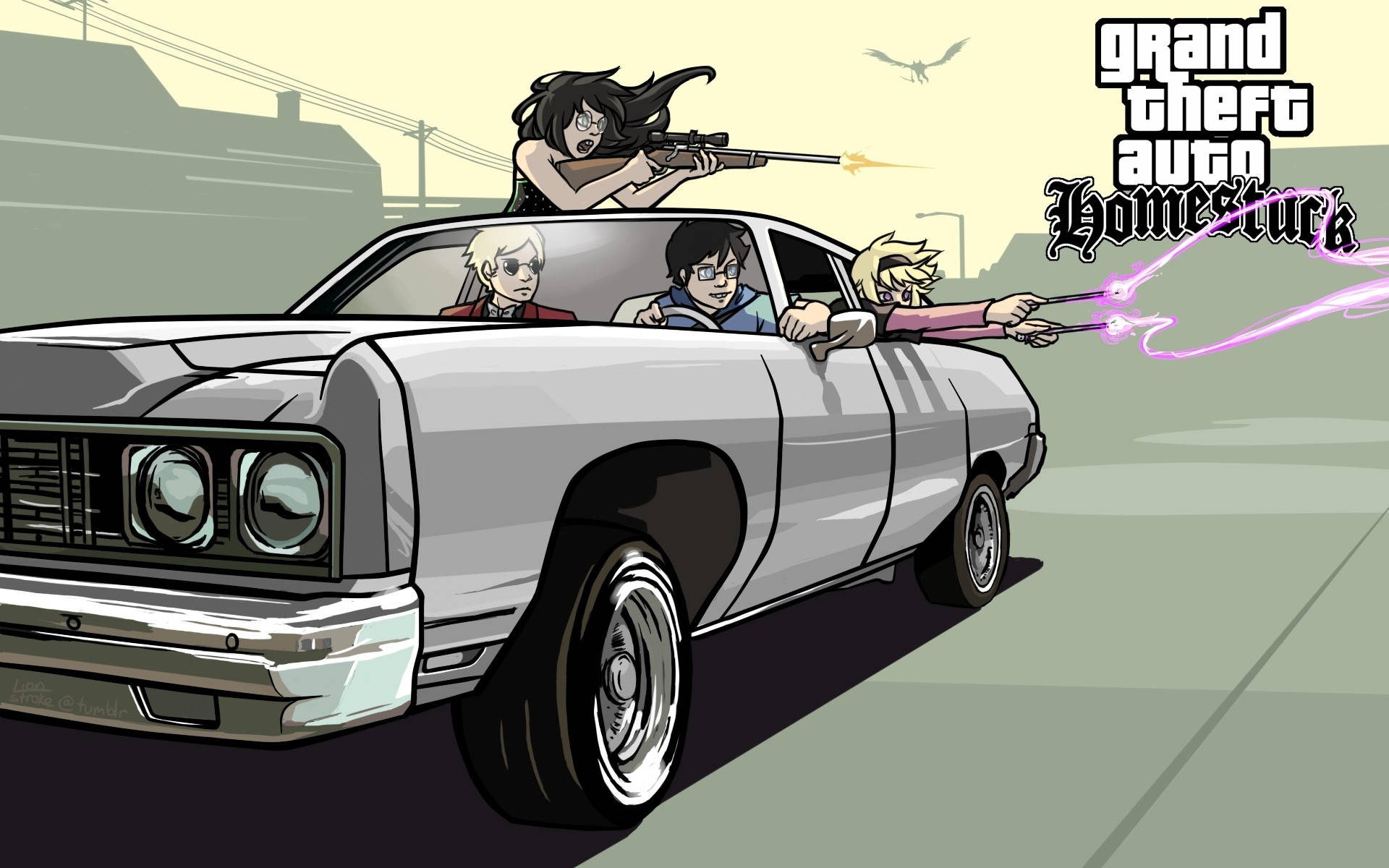 GTA 聖安地列斯 桌布 壁紙 — 一輛銀色肌肉車在街上飛馳，四個動漫風格角色從車窗開火。