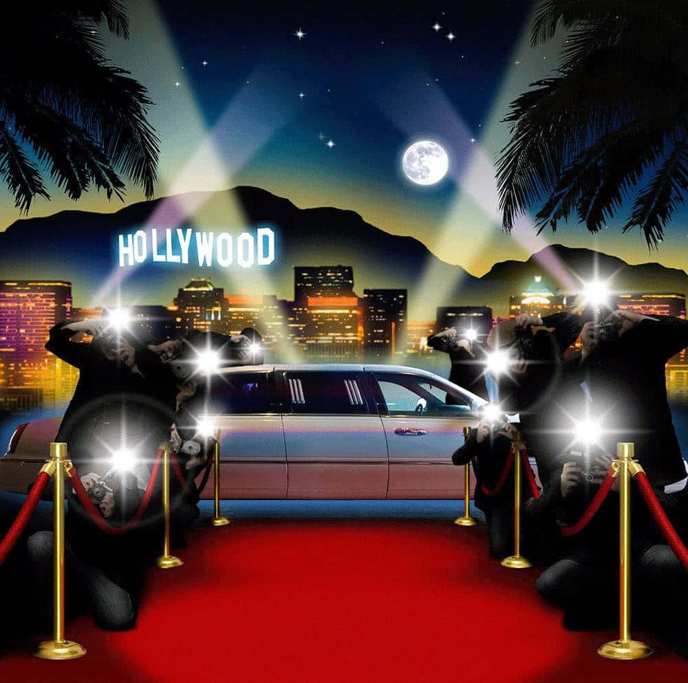 Limo 桌布 壁紙 — 一輛銀色豪華轎車在星光燦爛的夜空下，好萊塢標誌和棕櫚樹旁，紅地毯上，攝影師閃光燈猛烈閃爍。