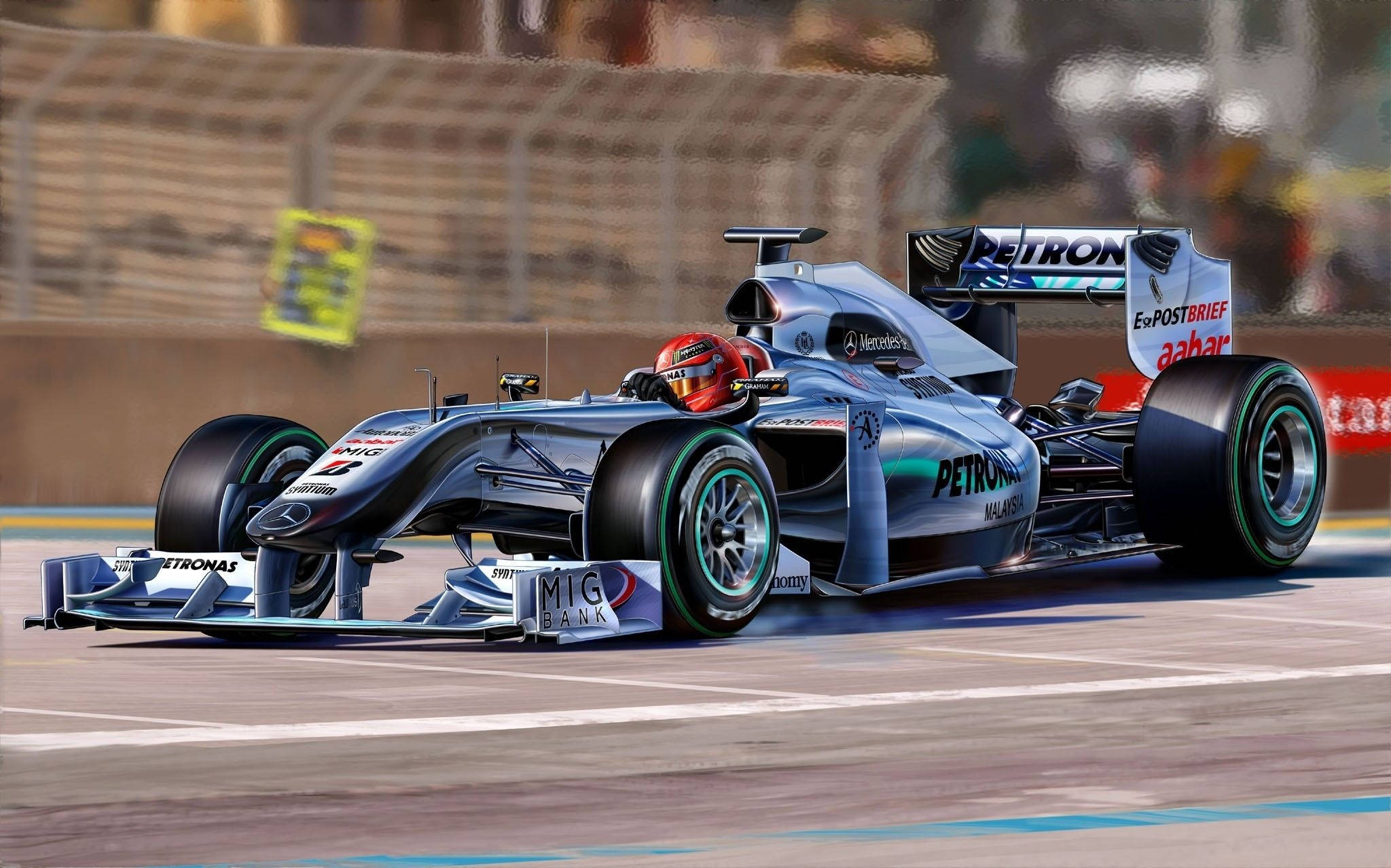 Formula 1 Desktop 桌布 壁紙 — 一輛銀色賓士一級方程式賽車在賽道上高速飛馳，背景模糊，贊助商標誌清晰可見。