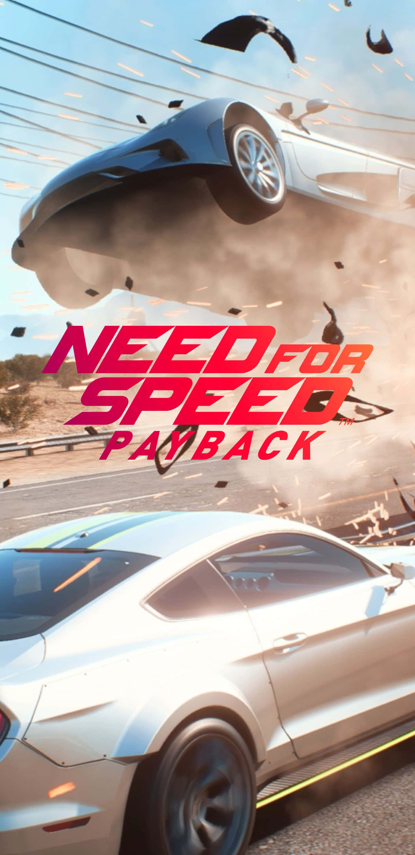 Pixel 3xl Need For Speed Payback 桌布 壁紙 — 一輛銀色跑車在沙漠公路上空翻轉，碎片飛揚，另一輛車在明亮的天空下從下方疾馳而過。