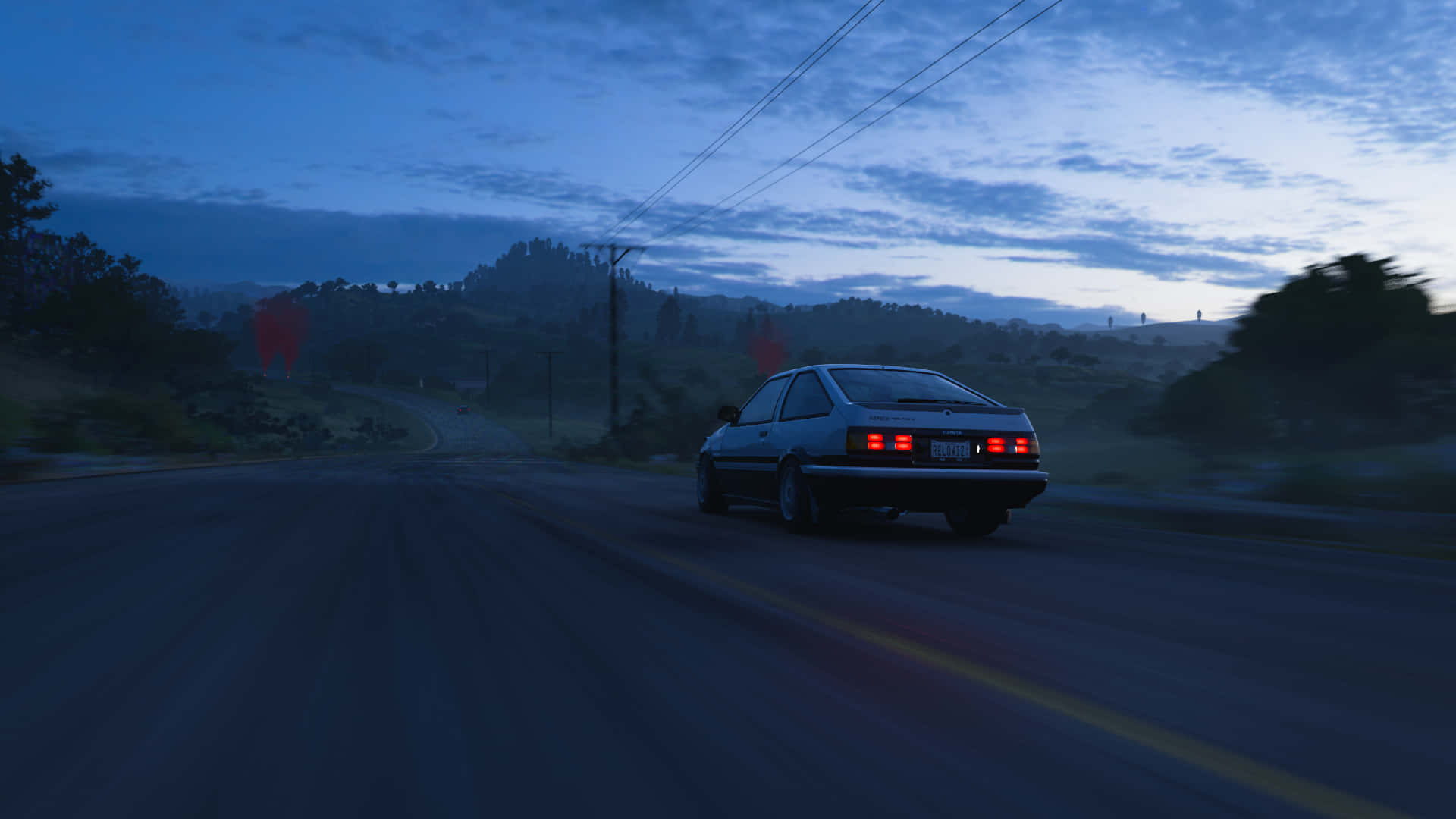 黃昏時分在鄉村道路上疾馳的銀色汽車，尾燈發光。 — Toyota Supra Mk4 壁紙