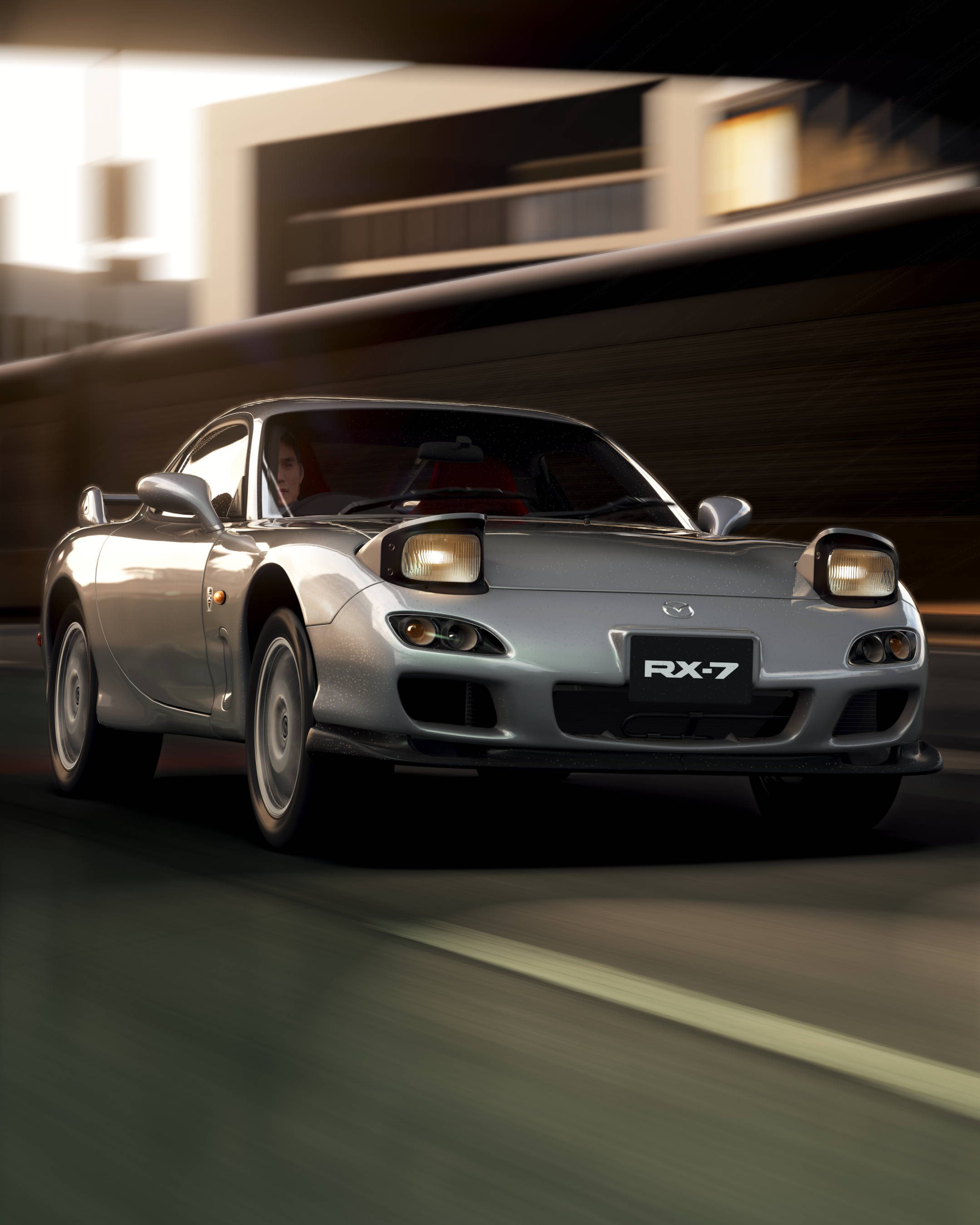 Rx7 iPhone 桌布 壁紙 — 一輛銀色馬自達RX-7跑車在都市隧道中疾馳，背景呈現動態模糊效果。