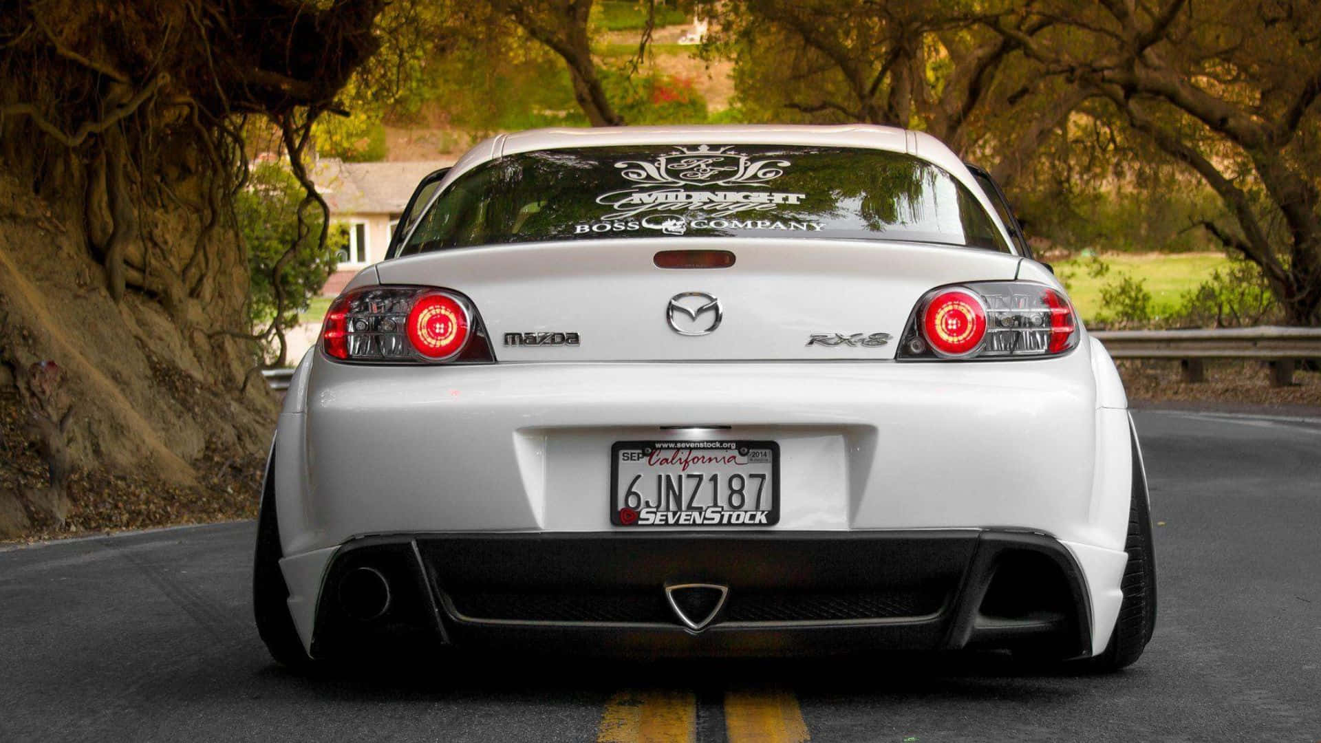 Mazda Rx-8 桌布 壁紙 — 一輛銀色馬自達RX-8跑車，紅色尾燈，在金色秋光照耀下行駛在樹木成行的道路上。
