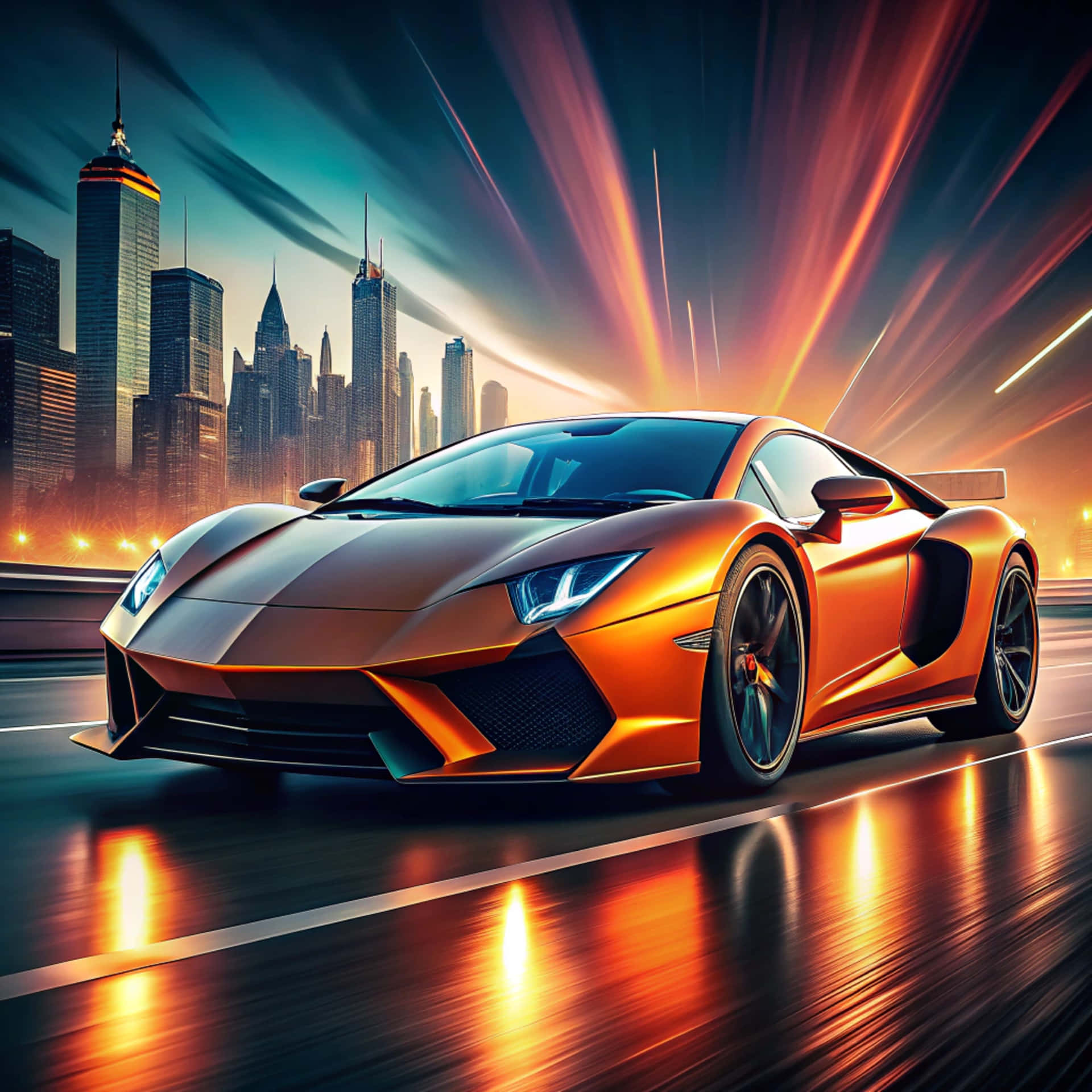 Sports car 壁紙 — 一輛閃亮的橙色跑車在潮濕的城市高速公路上飛馳，背景是充滿活力的霓虹天空和高聳的摩天大樓。