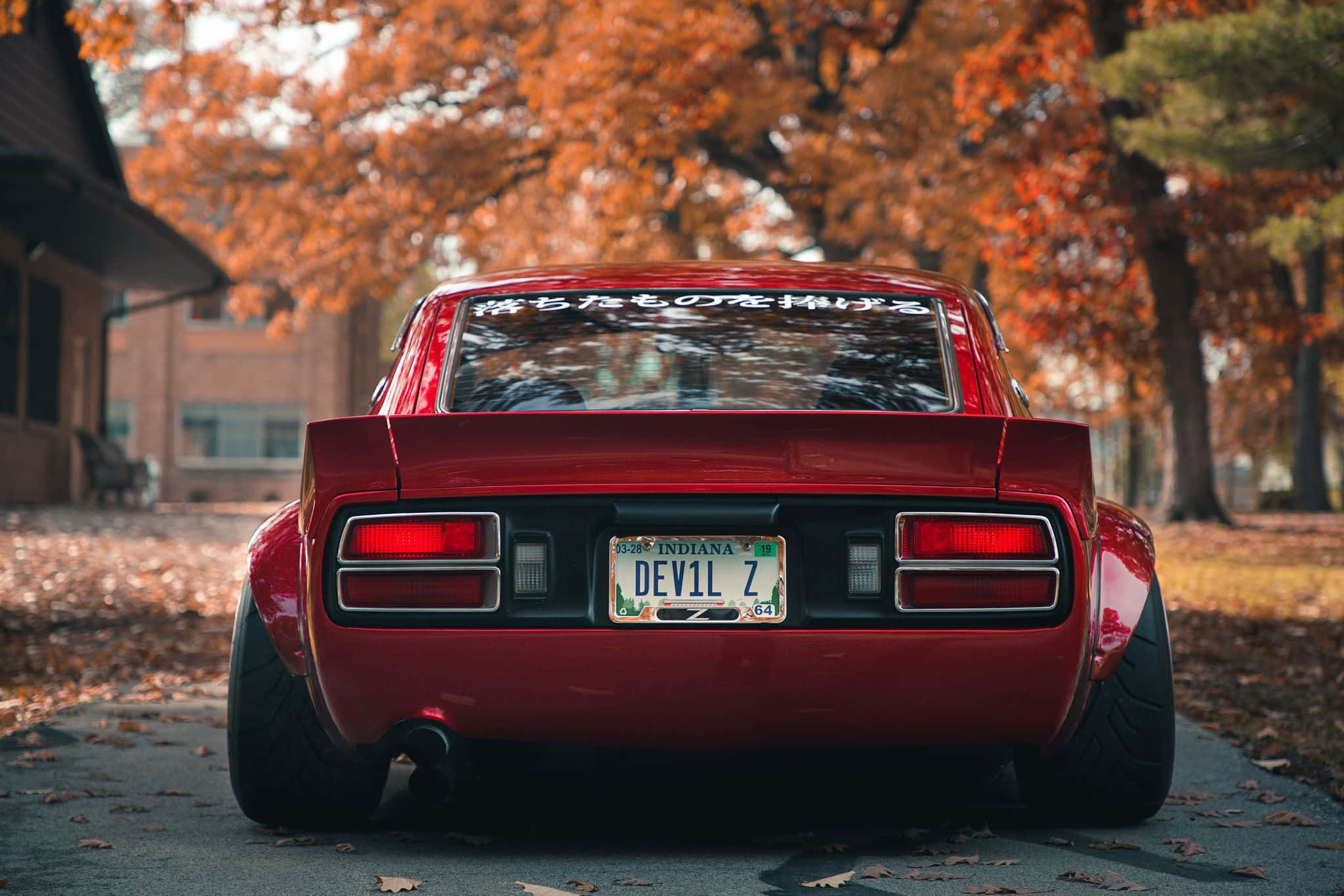 Datsun 桌布 壁紙 — 一輛閃亮的紅色經典肌肉車掛著印第安納州車牌，停在落葉覆蓋的車道上，周圍是色彩繽紛的秋樹。