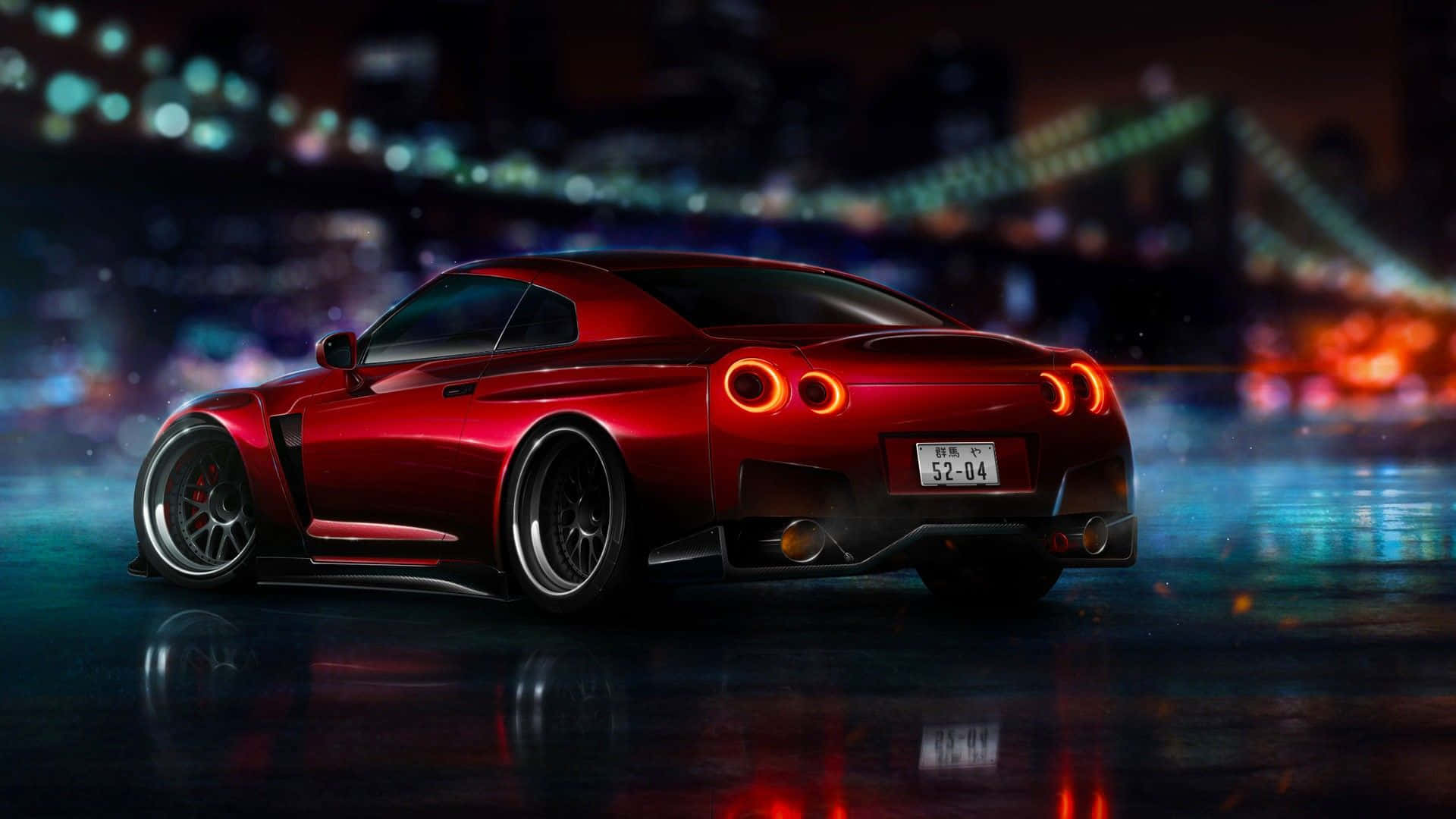 1920 X 1080 Car 桌布 壁紙 — 一輛閃亮的紅色跑車在夜間濕漉漉的城市街道上，在霓虹燈下閃閃發光，背景是一座模糊的橋樑。
