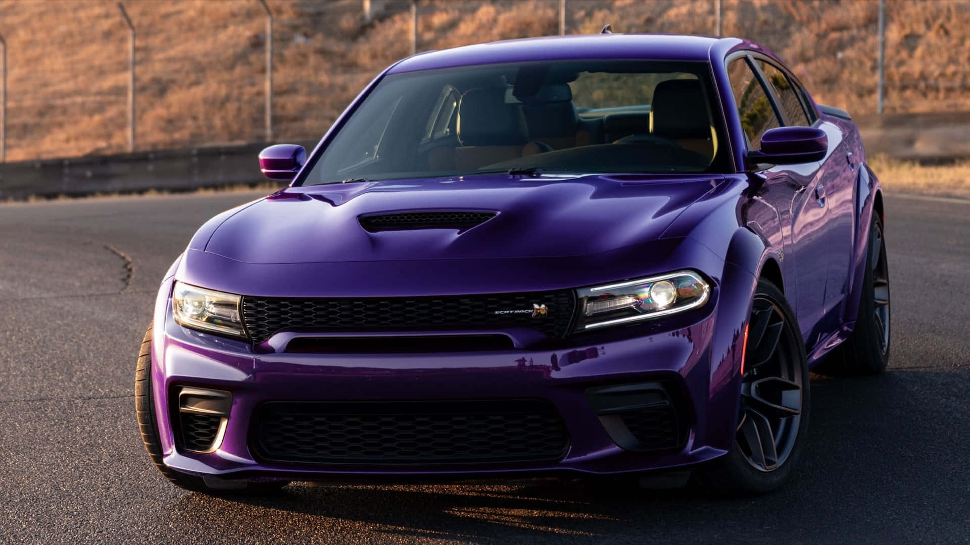 Dodge 桌布 壁紙 — 一輛閃亮的紫色Dodge Charger SRT Hellcat在黃金時段的光線下，在空蕩的柏油路上閃閃發光。