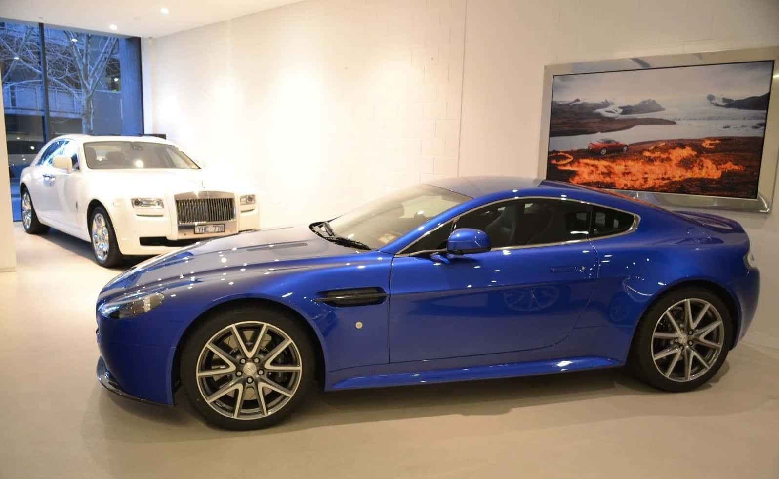 Cobalt Blue 桌布 壁紙 — 一輛閃亮的藍色 Aston Martin 跑車在一間極簡奢華的展示間中，旁邊是一輛白色 Rolls Royce，展示間有大窗戶和風景牆藝術。