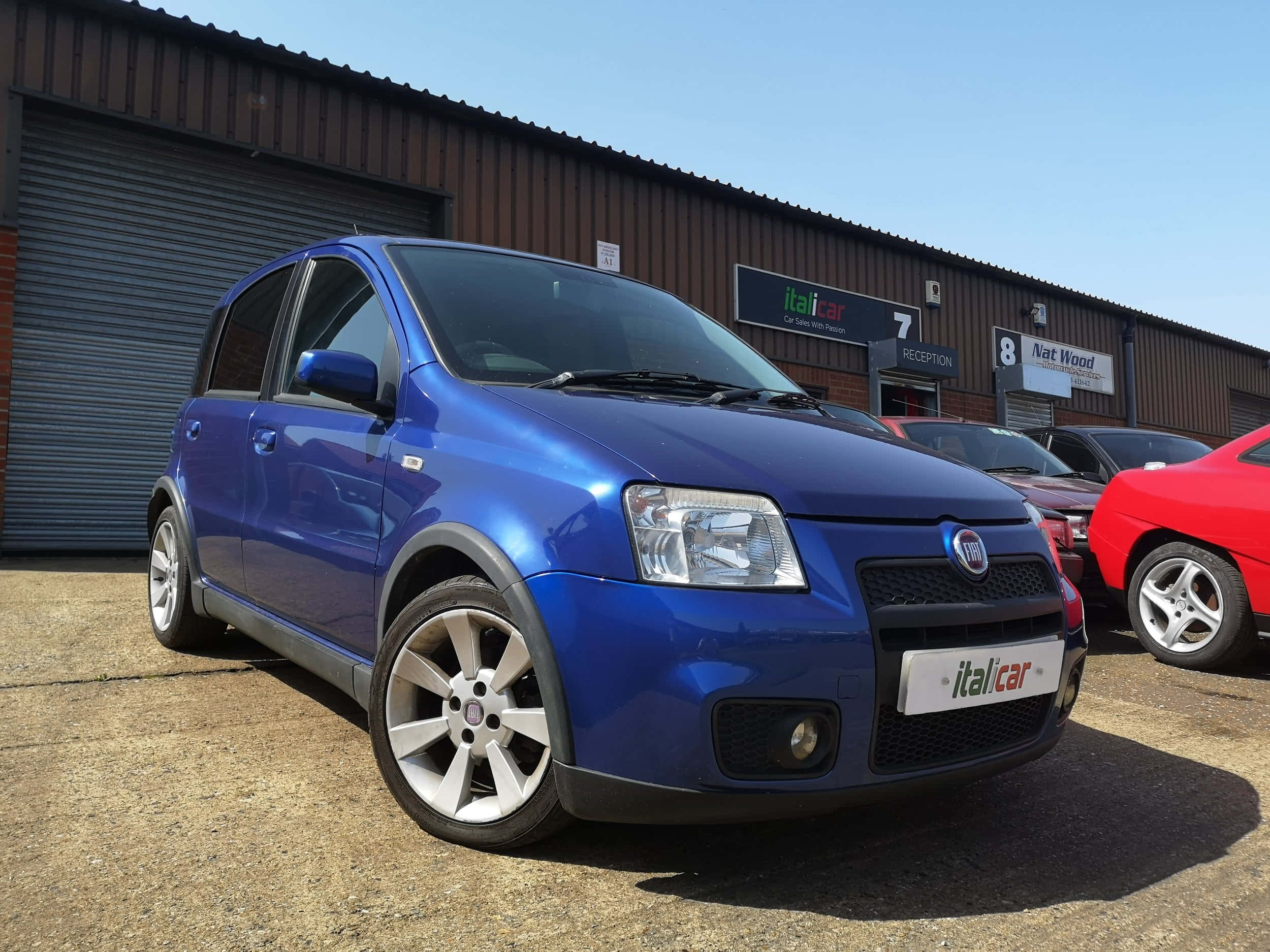 Fiat Panda 桌布 壁紙 — 一輛閃亮的藍色Fiat Panda停放在戶外晴朗的天空下，旁邊有一輛紅色汽車，靠近經銷商大樓。