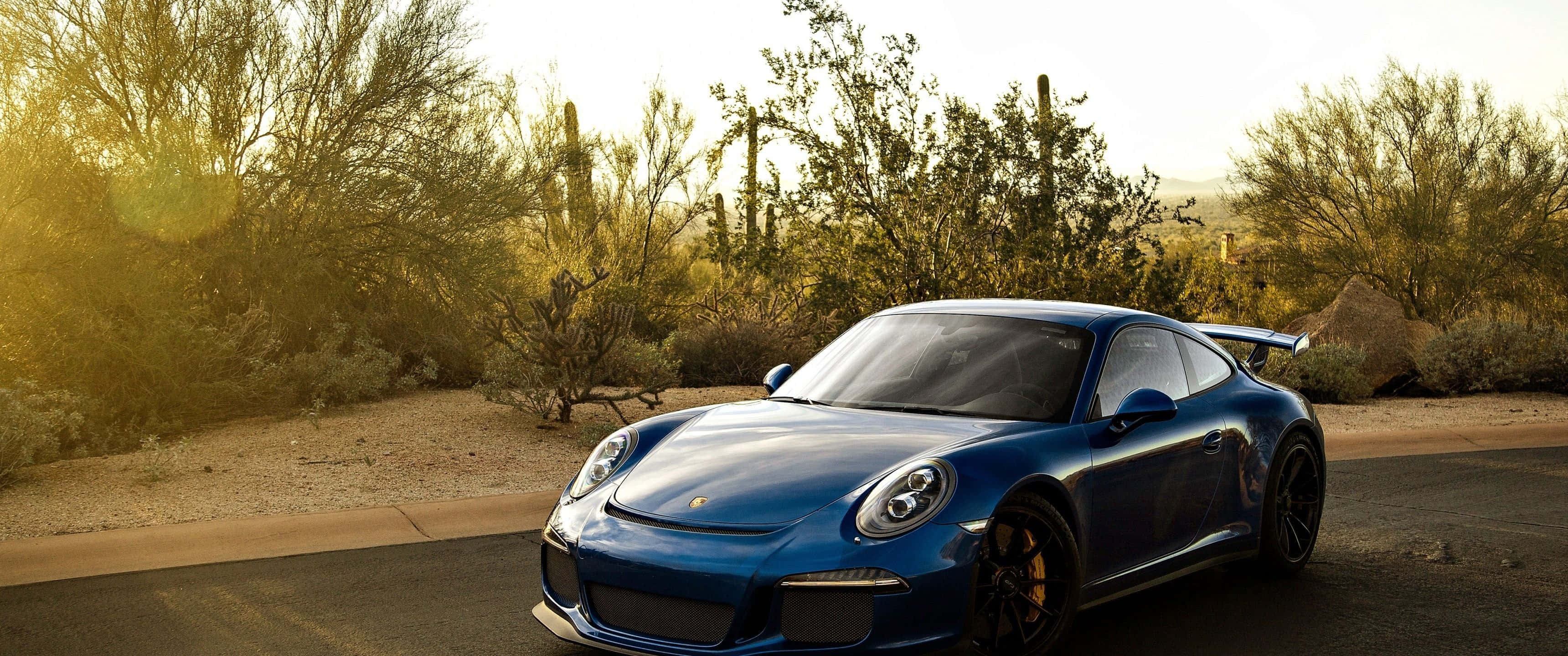 桌布 壁紙 — 一輛閃亮的藍色保時捷911 GT3 RS在金色夕陽下閃耀，停泊在沙漠公路上，周圍環繞著仙人掌和灌木叢。