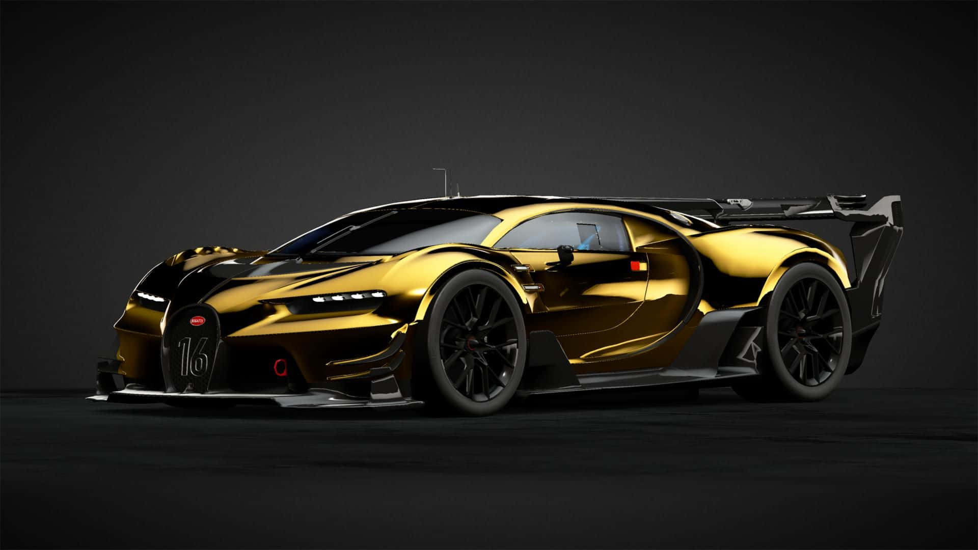 Gold Bugatti Veyron Car 桌布 壁紙 — 一輛閃亮的金色布加迪超級跑車，帶有黑色飾件和賽車號碼16，在黑暗的攝影棚背景下蓄勢待發。