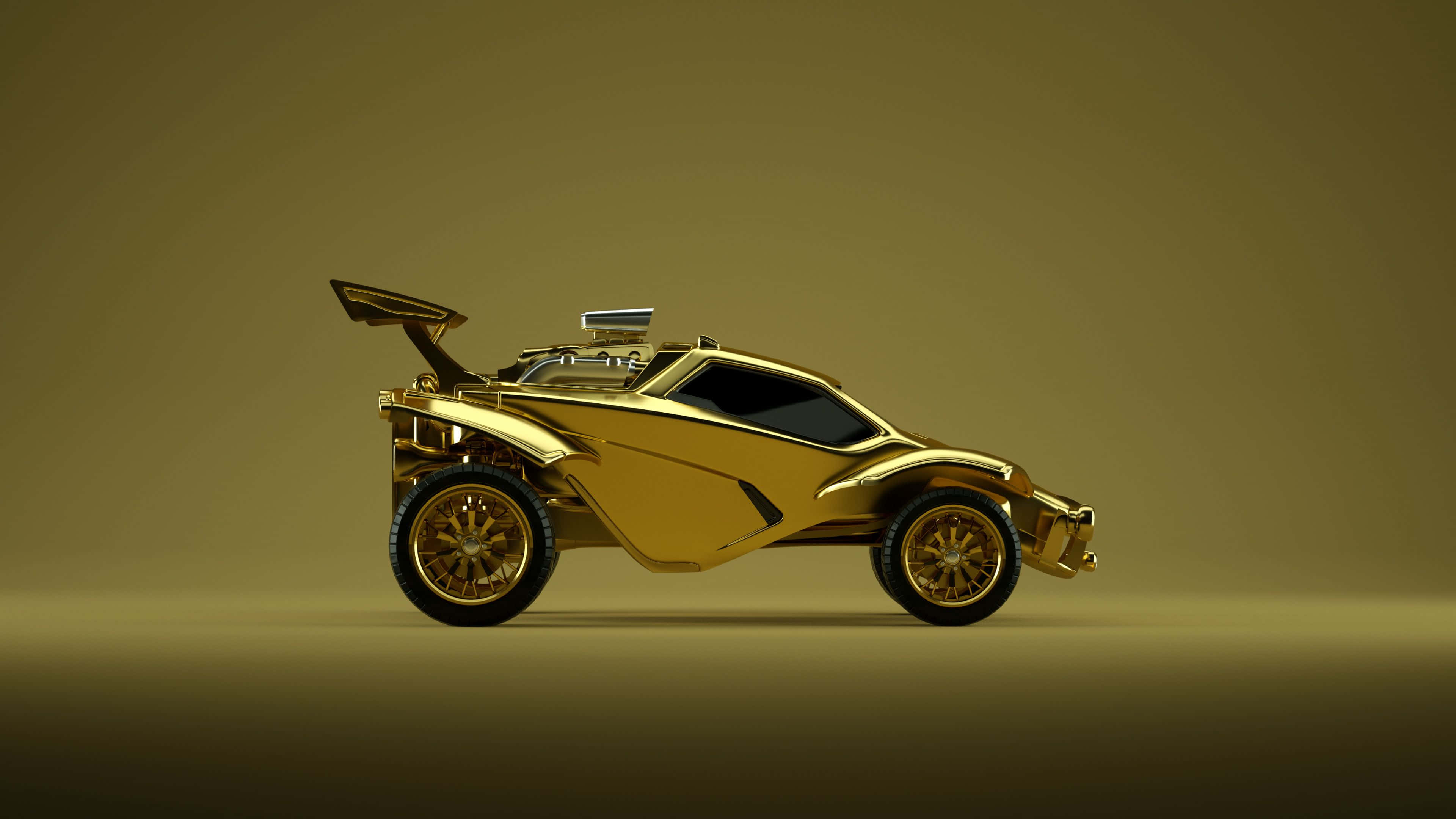 rocket league 1920x1080 桌布 壁紙 — 一輛閃亮的金色未來主義跑車，帶有大型後翼和暴露的引擎，在漸變金色背景前蓄勢待發。