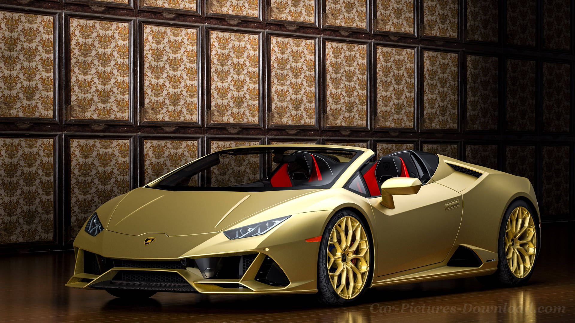 紅色動圖 桌布 壁紙 — 一輛閃亮的金色藍寶堅尼 Huracán Spyder 配紅色內裝，停放在一個裝飾華麗的壁紙和深色木板的豪華房間內。