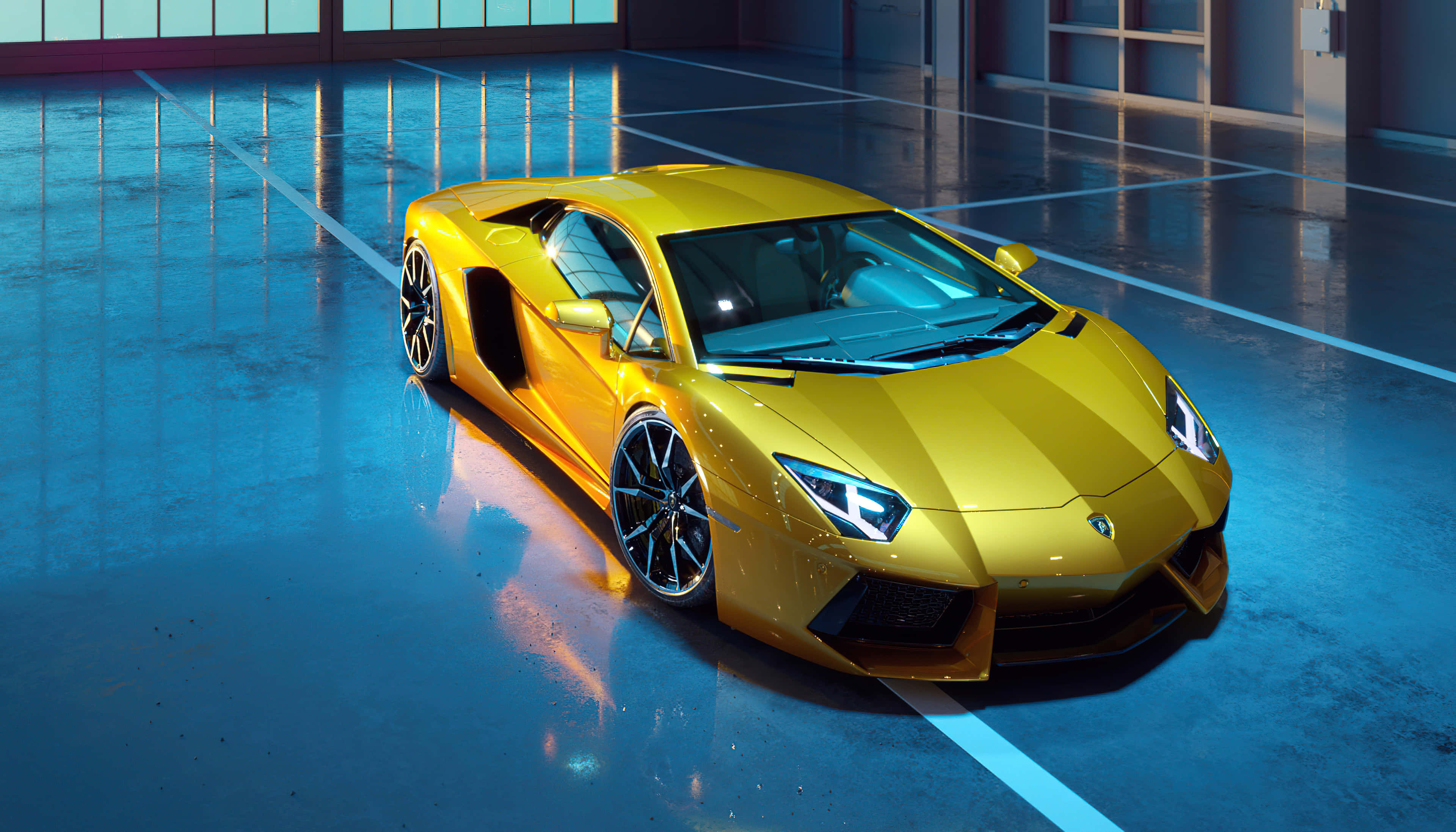 Gold Cars 桌布 壁紙 — 一輛閃亮的金色藍寶堅尼Aventador停放在時尚的藍色燈光車庫中，地板反光並有白色線條。