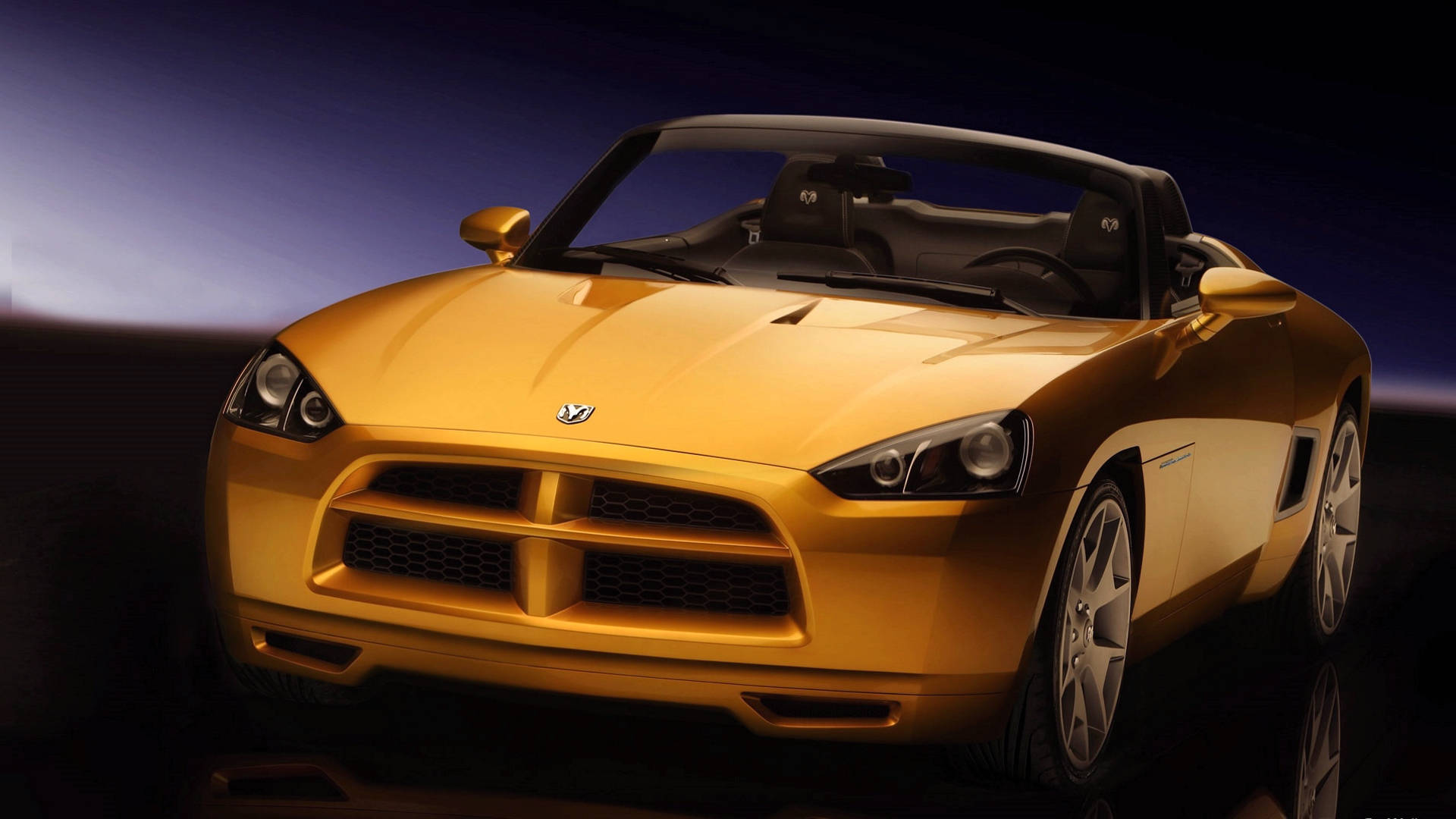 dodge iPhone 桌布 壁紙 — 一輛閃亮的金色道奇Viper敞篷車，配備黑色軟頂，在戲劇性的攝影棚燈光下，以深色漸變背景展示。