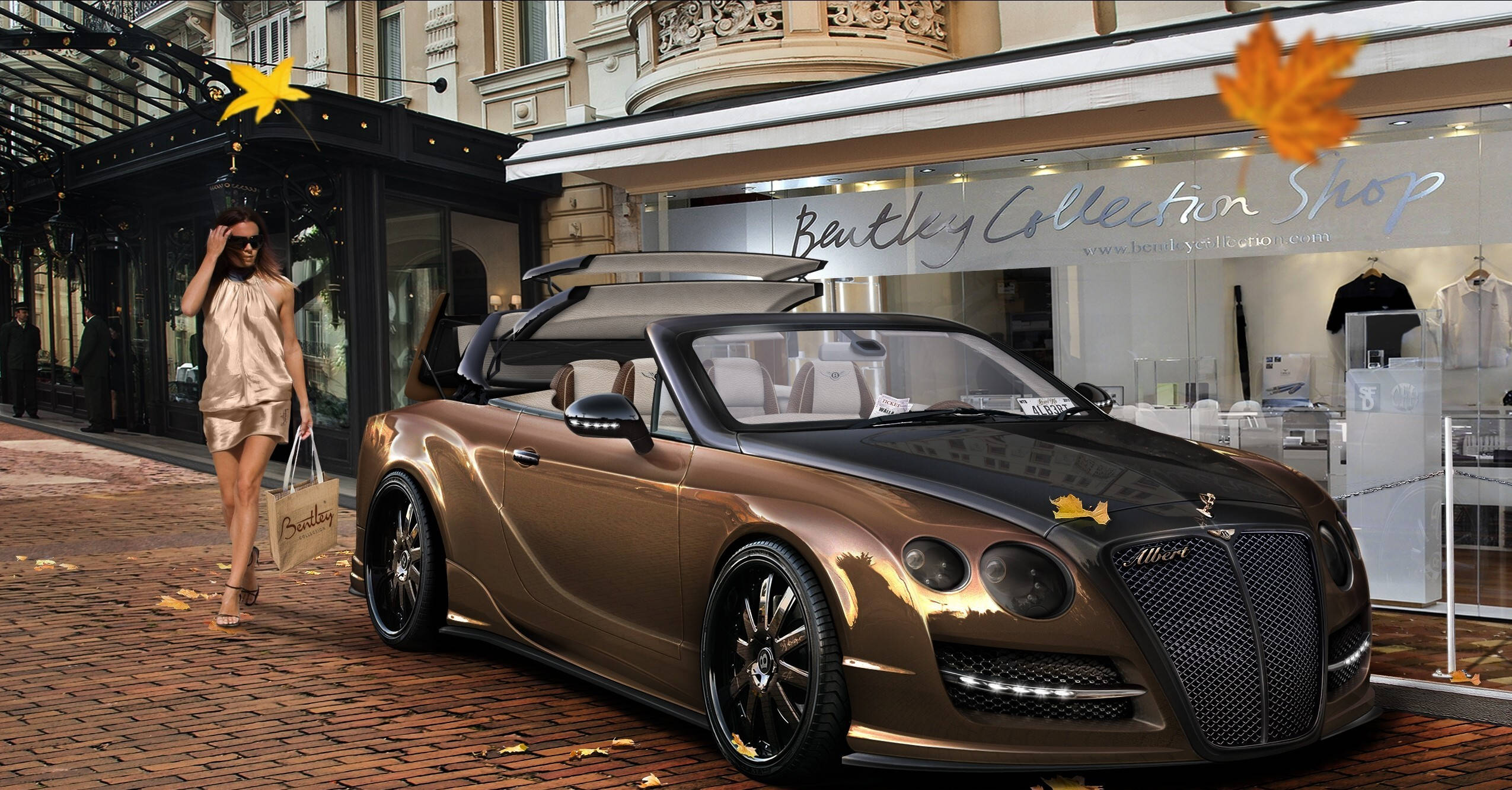 bentley HD 桌布 壁紙 — 一輛閃亮的青銅色賓利敞篷車停在鵝卵石街道上，一位身穿金色衣服的女子走過一間豪華精品店，秋葉飄落。