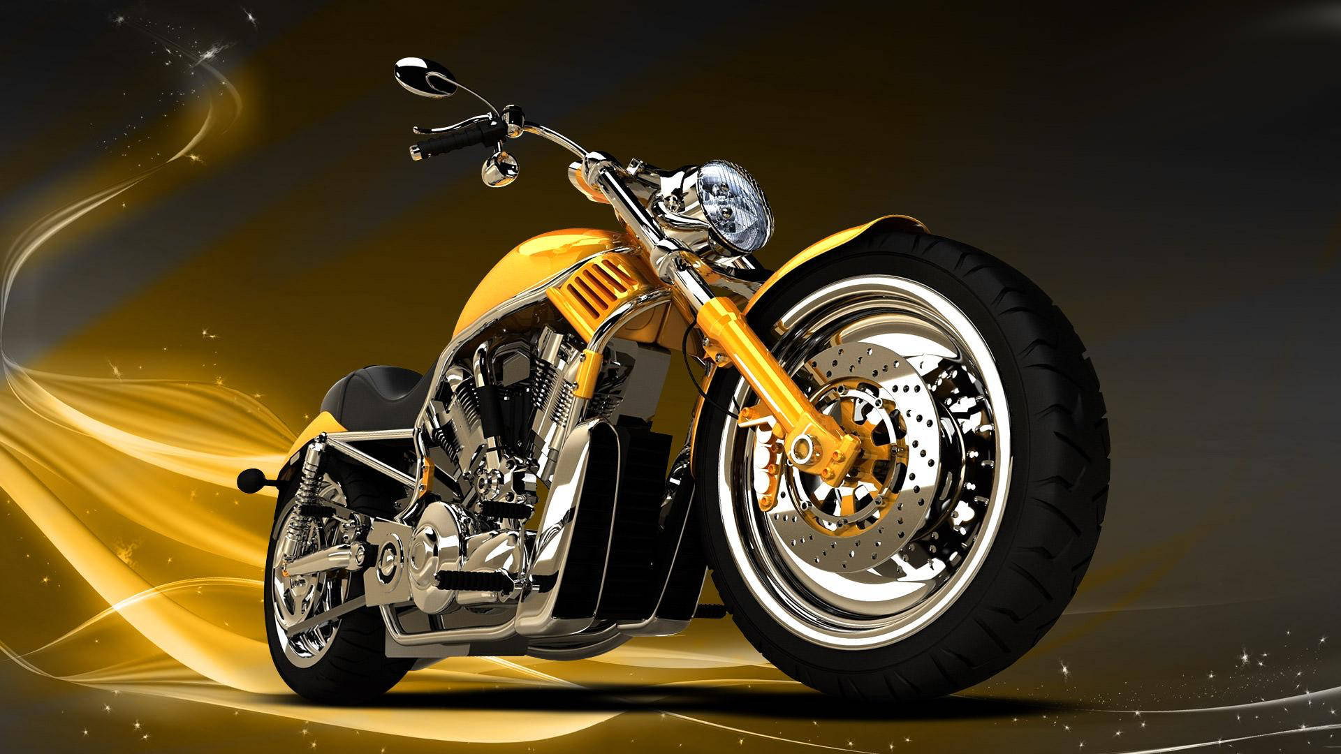 Chopper 桌布 壁紙 — 一輛閃亮的黃色chopper機車，帶有鍍鉻裝飾和動態金色漩渦，背景為深色。