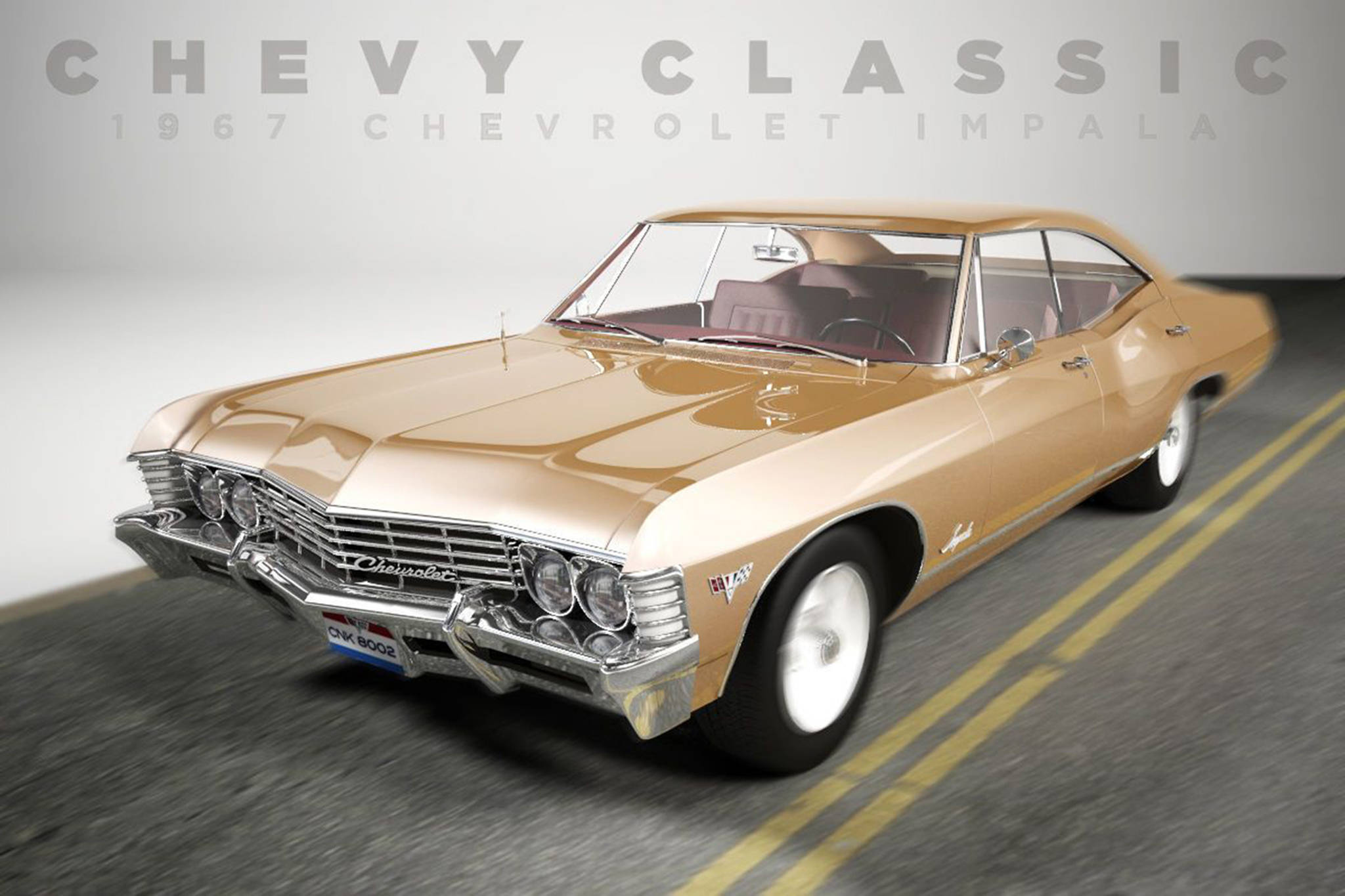chevrolet impala 1967 桌布 壁紙 — 一輛閃閃發光的金色1967年雪佛蘭Impala在柔和的工作室燈光下行駛在一條帶有黃線的模糊道路上。