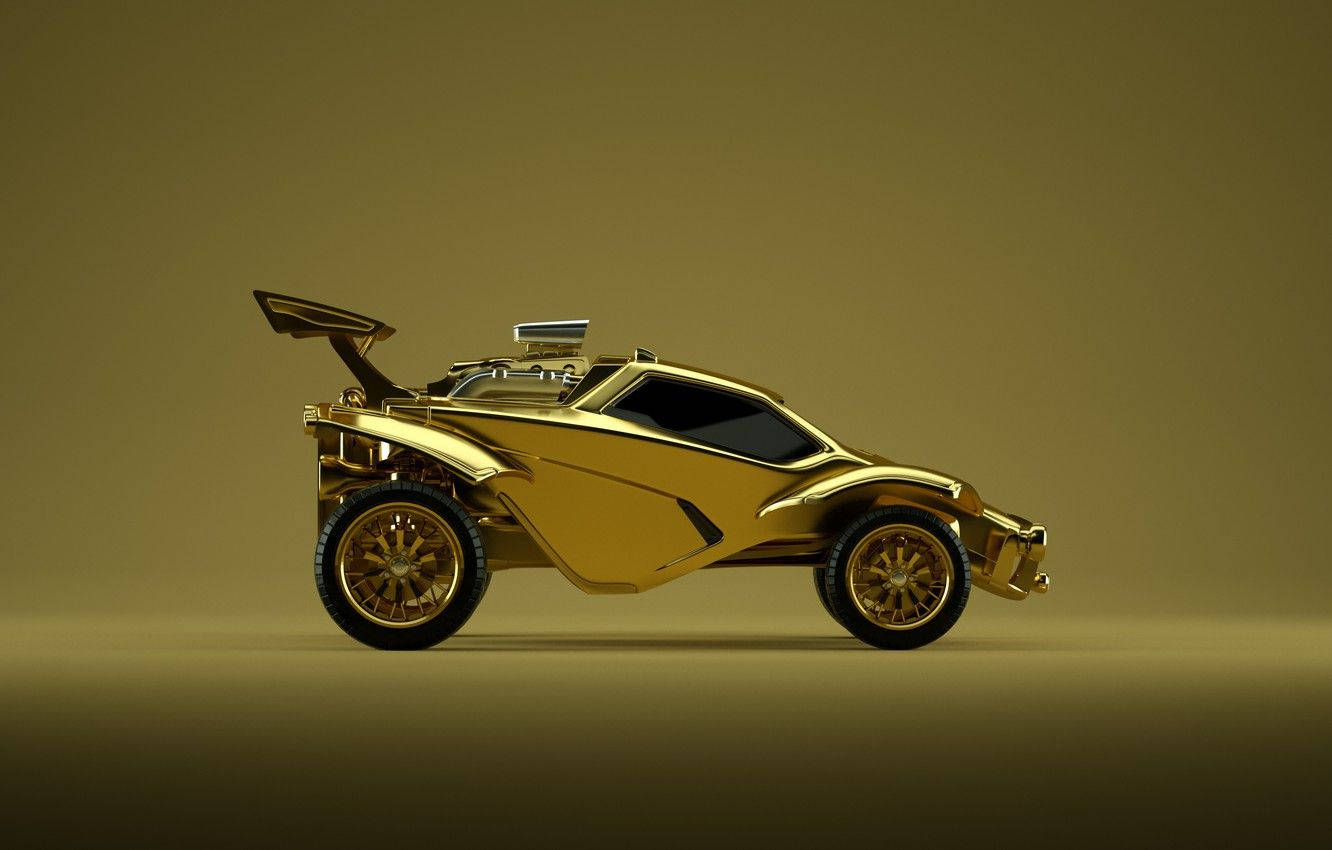 火箭聯盟 桌布 壁紙 — 一輛閃閃發光的金色未來越野車，帶有大型後翼和裸露引擎，在溫暖的漸變背景前蓄勢待發。
