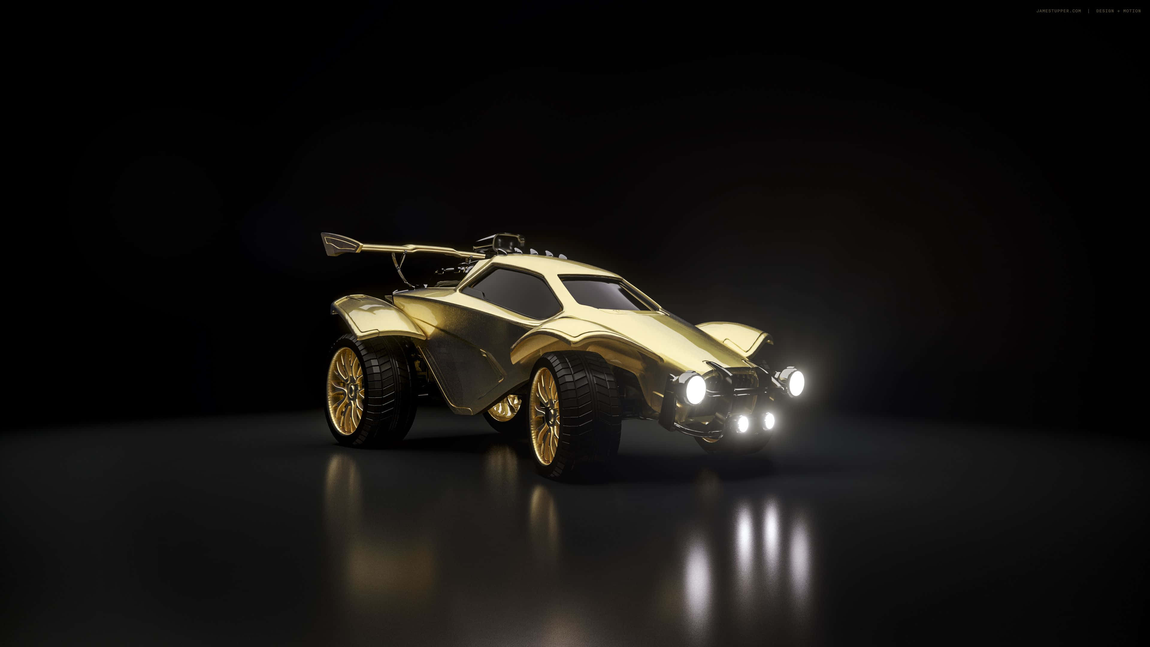 rocket league 1920x1080 桌布 壁紙 — 一輛閃閃發光的金色未來越野車，配備發光車頭燈，在黑色背景下立於深色反光表面上。