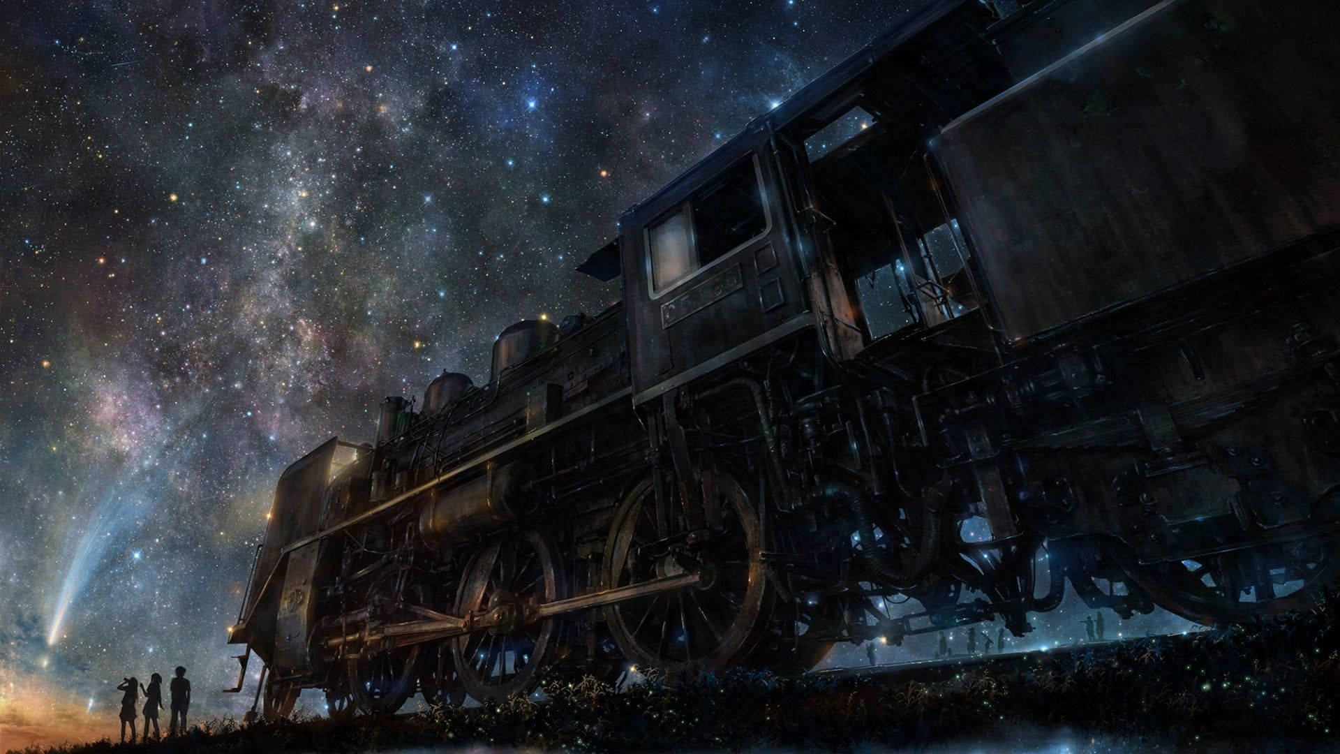 夜空 桌布 壁紙 — 一輛雄偉的蒸汽火車頭在令人嘆為觀止的星空下靜止，一顆發光的彗星劃過頭頂。