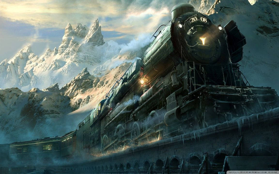 奇幻 桌布 壁紙 — 一輛雄偉的蒸汽火車頭穿過白雪覆蓋的山口，頭頂是冰峰和戲劇性的雲層。