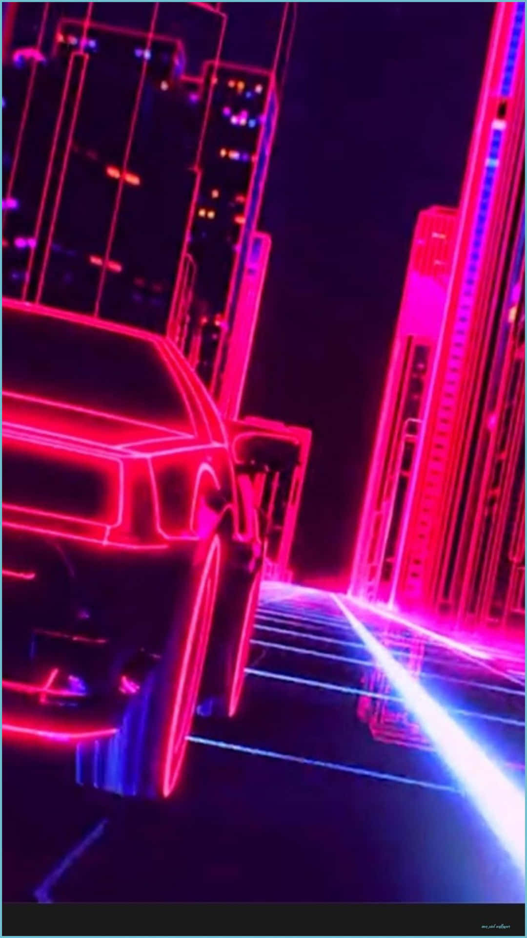 Cute Neon Pink 桌布 壁紙 — 一輛霓虹燈照亮的未來主義汽車在夜晚的賽博朋克摩天大樓背景下閃耀著粉紅色和藍色光芒。
