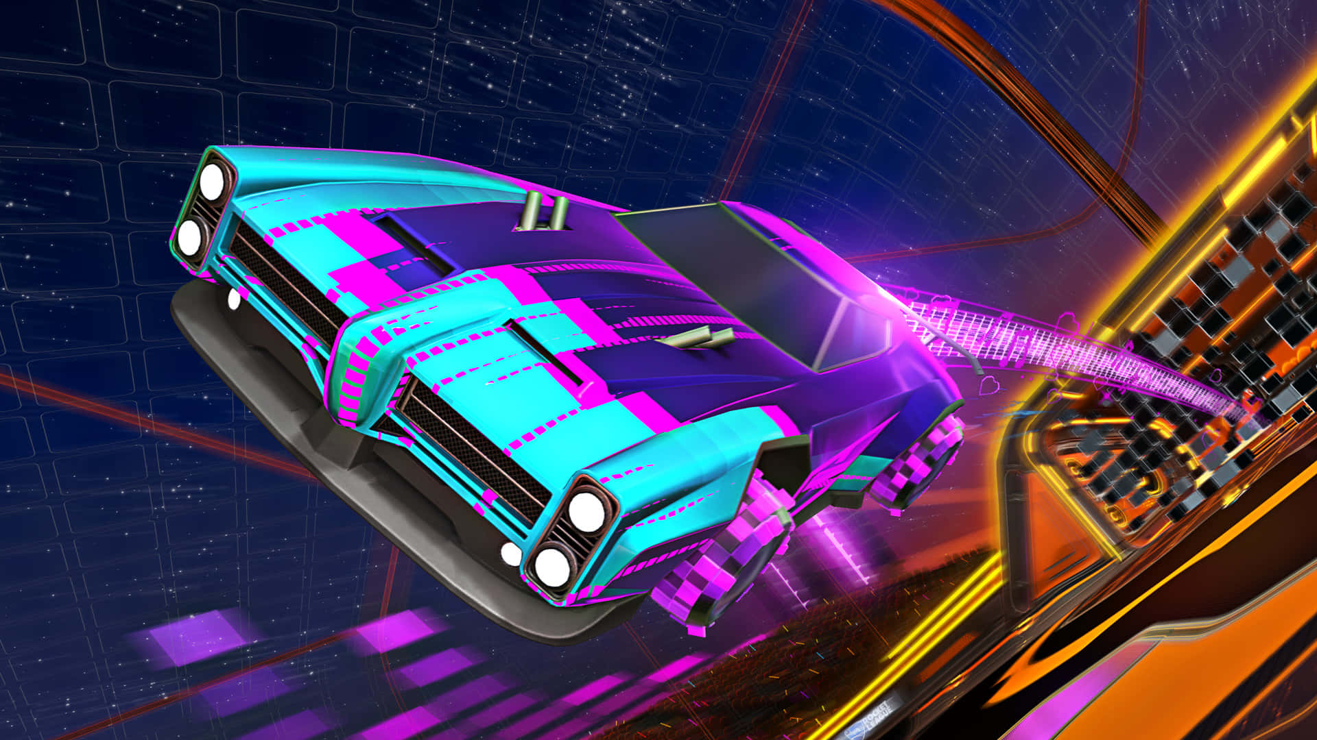 1080p Rocket League 桌布 壁紙 — 一輛霓虹燈照亮的經典肌肉車在星空下穿過發光的數位城市景觀。