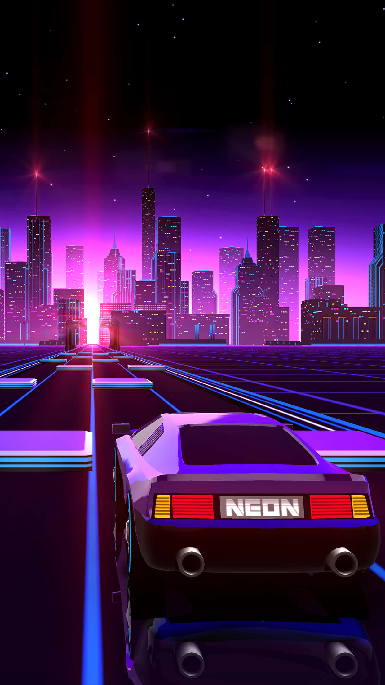 iPhone Neon 桌布 壁紙 — 一輛霓虹燈跑車在星光點點的紫色夜空下，沿著發光的高速公路駛向未來城市天際線。