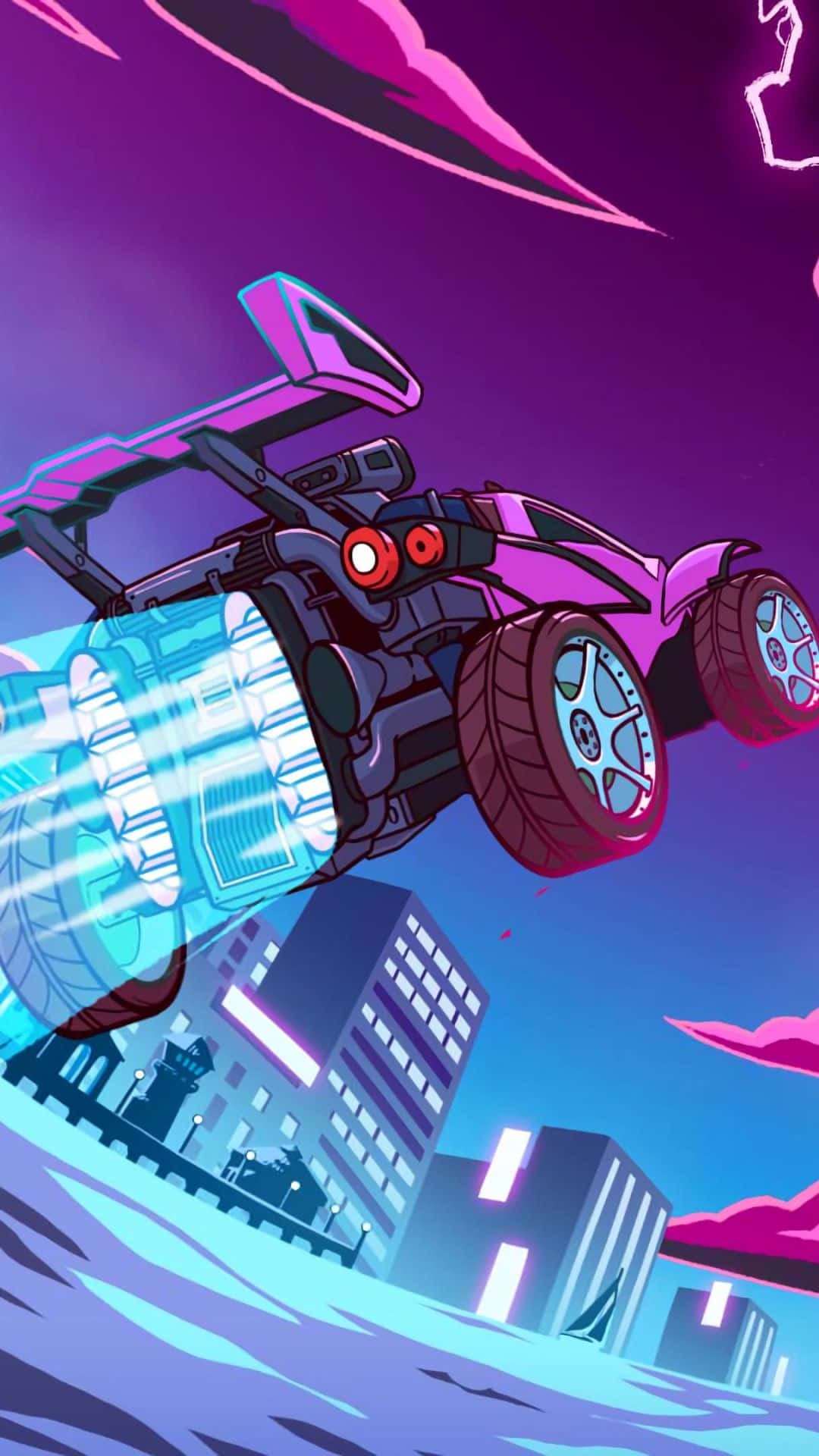 Rocket League Car 桌布 壁紙 — 一輛霓虹粉紅火箭車，帶有發光的藍色推進器，在紫色天空下的未來城市景觀上空翱翔。