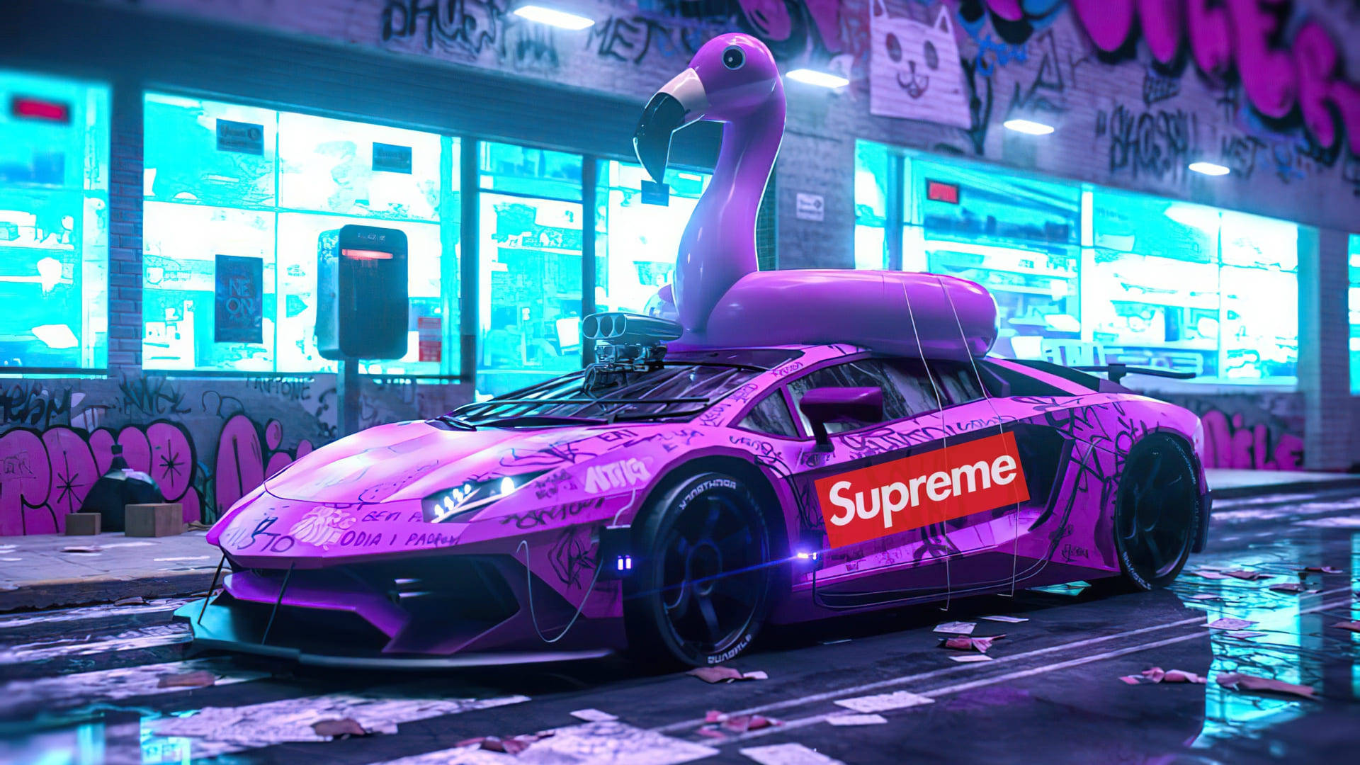 Cool Supreme 桌布 壁紙 — 一輛霓虹粉紅色的藍寶堅尼，帶有巨大的火鶴浮板和Supreme標誌，停在夜晚佈滿塗鴉的街道上。