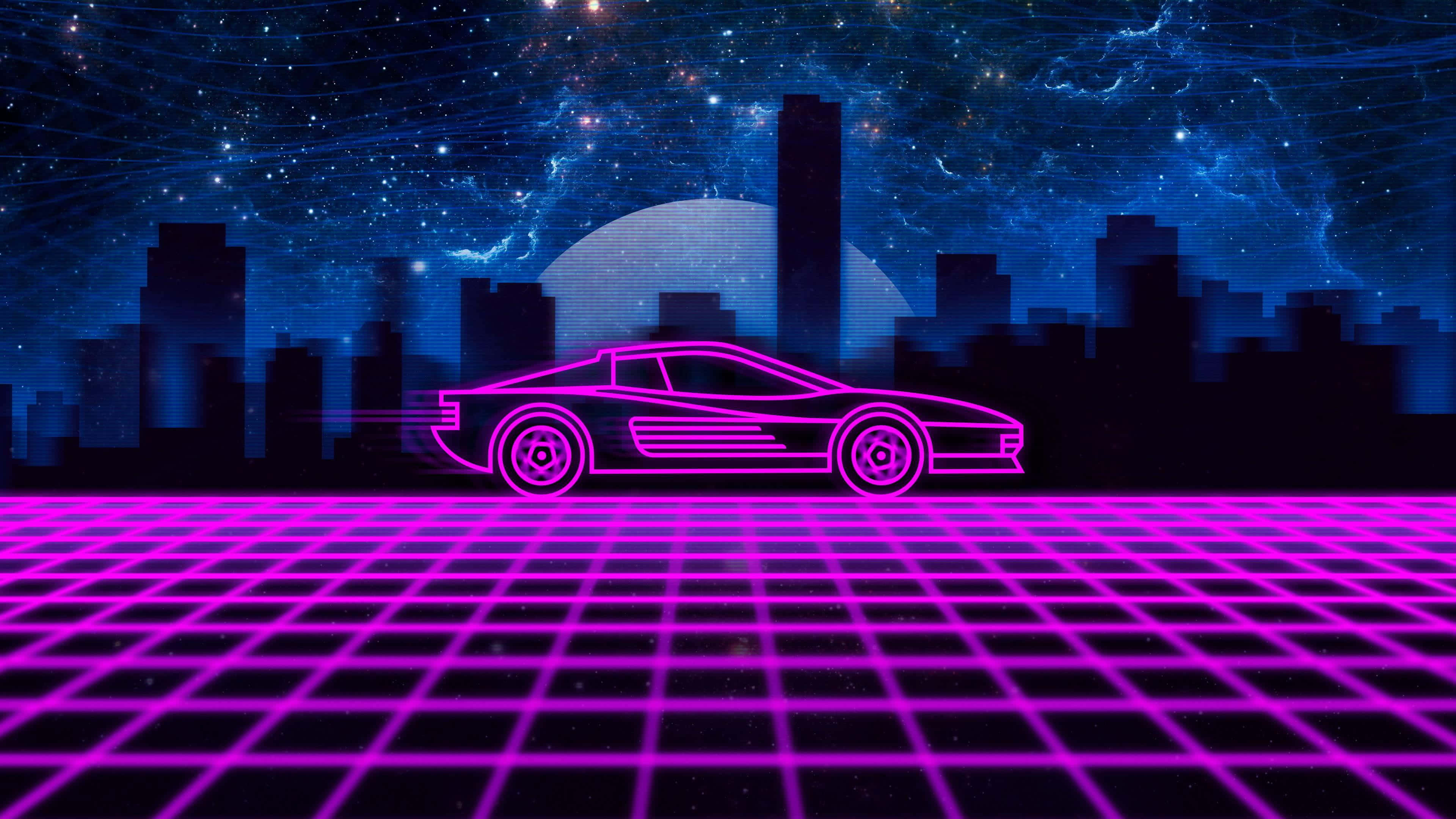 合成波 桌布 壁紙 — 一輛霓虹粉紅色跑車在網格道路上發光，下方是星光燦爛的復古未來主義城市天際線。