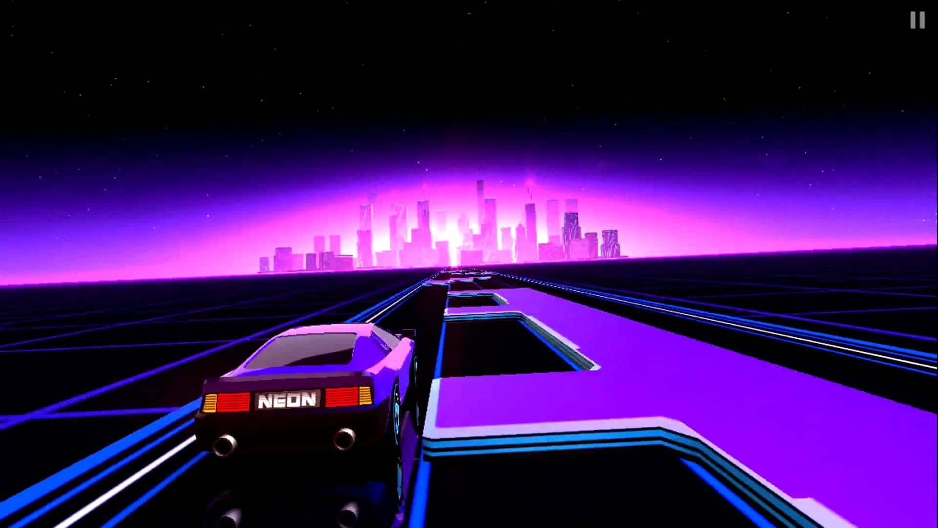 Arcade Aesthetic 桌布 壁紙 — 一輛霓虹紫色的跑車沿著發光的網格道路，在繁星點點的夜空下，朝著未來城市的天際線疾馳。