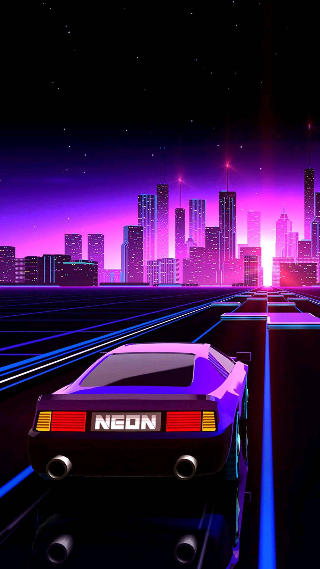 Aesthetic Retro 桌布 壁紙 — 一輛霓虹紫色跑車在閃爍的高速公路上奔馳，朝向星空下未來城市的天際線。
