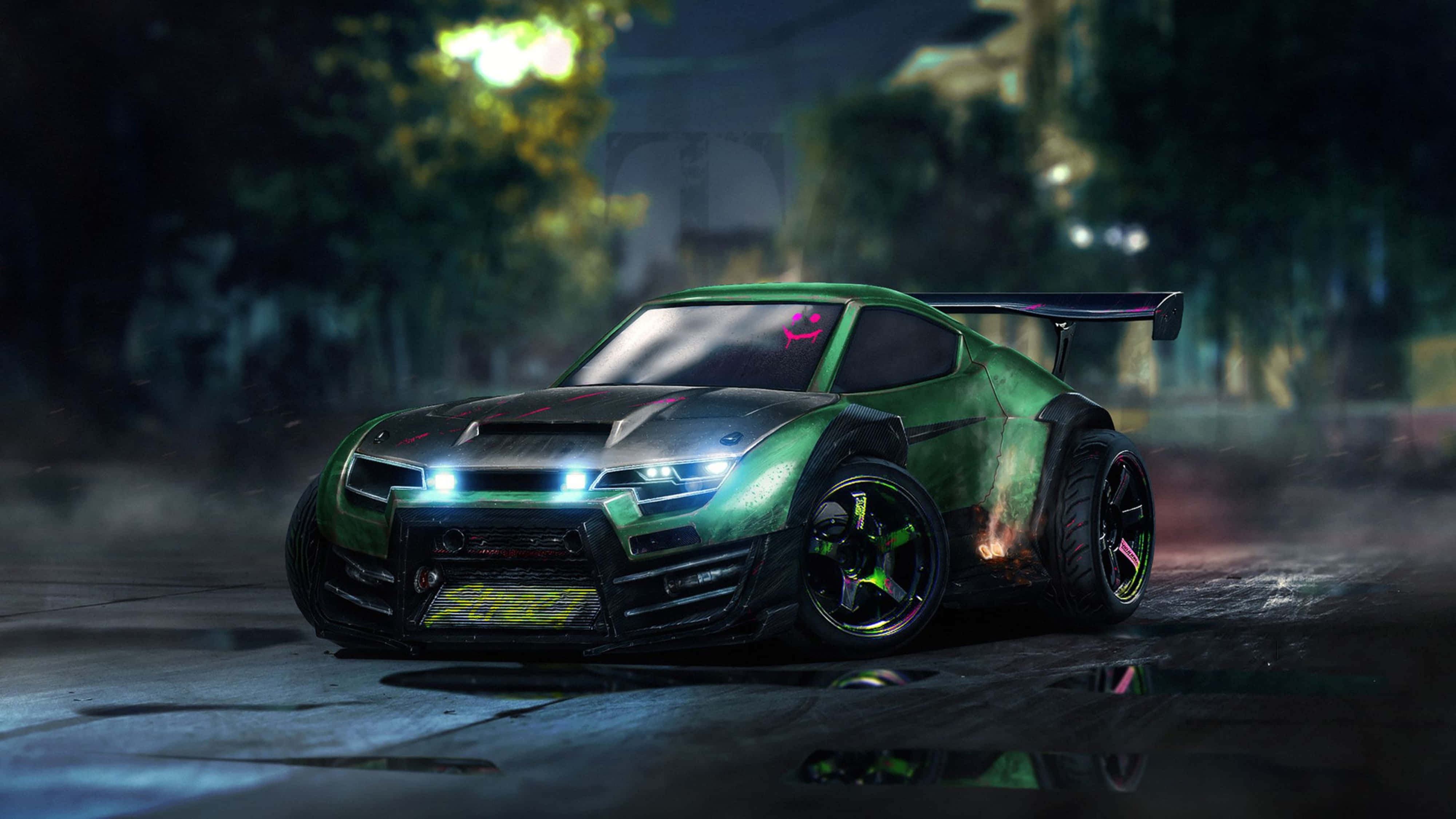 Realistic 桌布 壁紙 — 一輛霓虹綠色的漂移車，車頭燈閃爍，在霧氣瀰漫的夜間城市街道上行駛，路面潮濕且反射光線。