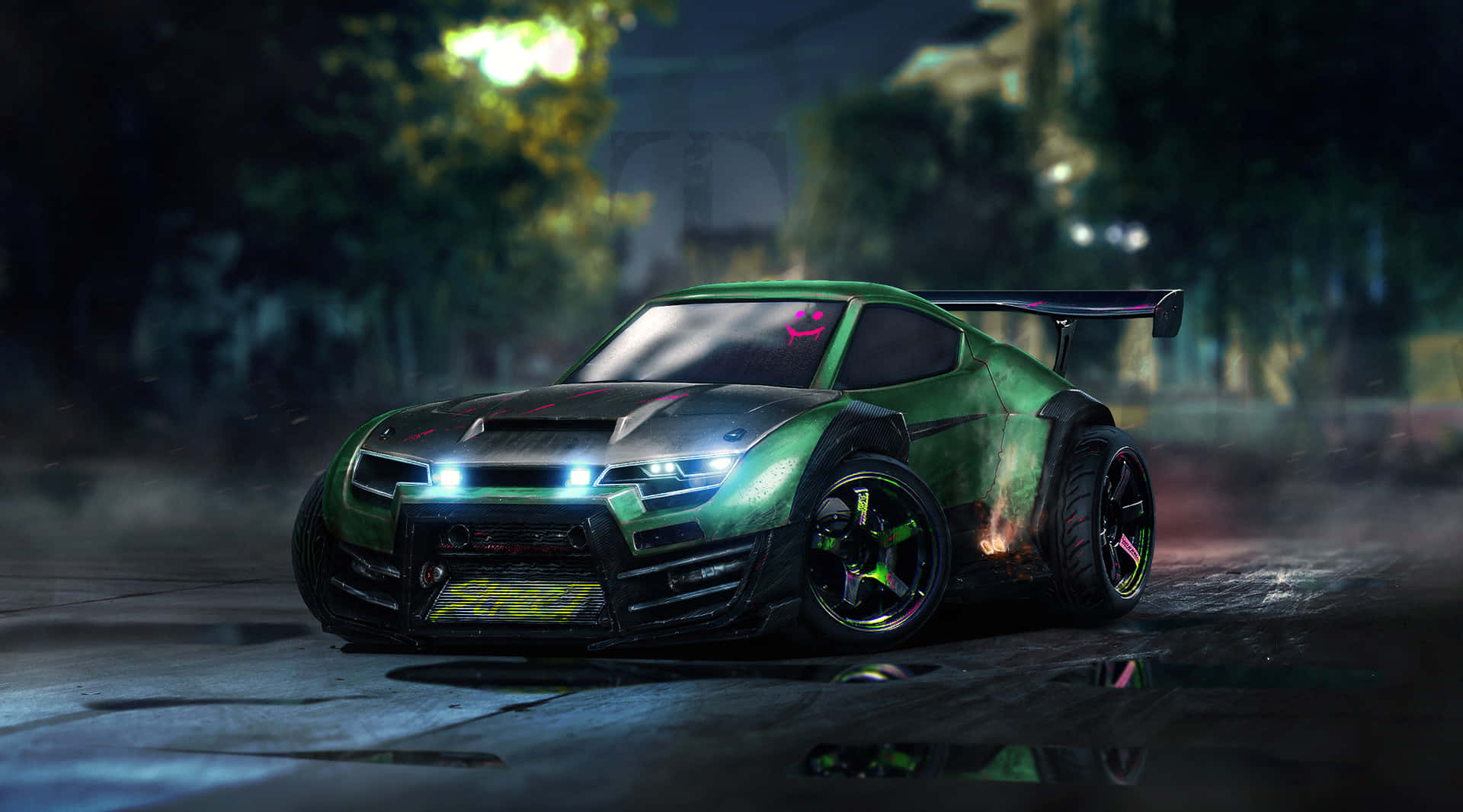 rocket league 1920x1080 桌布 壁紙 — 一輛霓虹綠色的甩尾車，車頭燈發光，在霧氣瀰漫的城市夜街上疾馳。