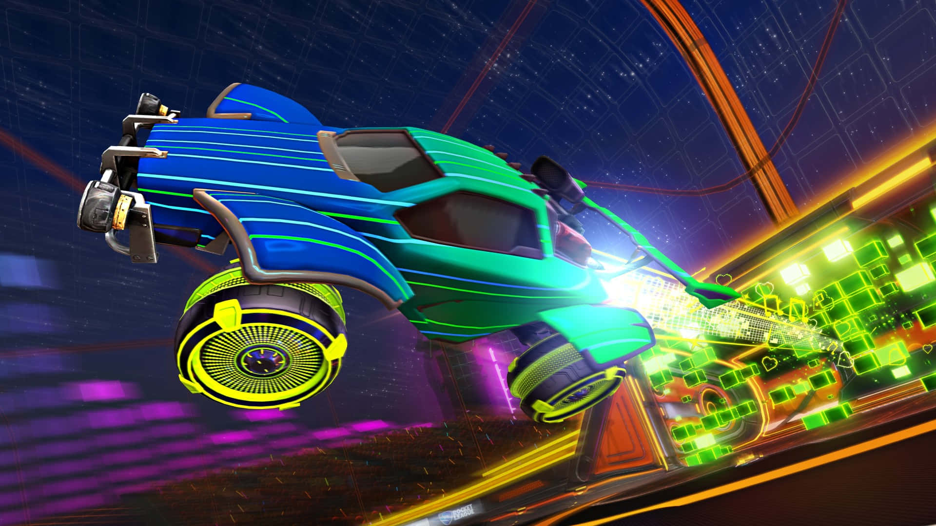 1080p Rocket League 桌布 壁紙 — 一輛霓虹藍綠色的火箭車在星光數位天空下，於發光的未來賽道上飛馳。