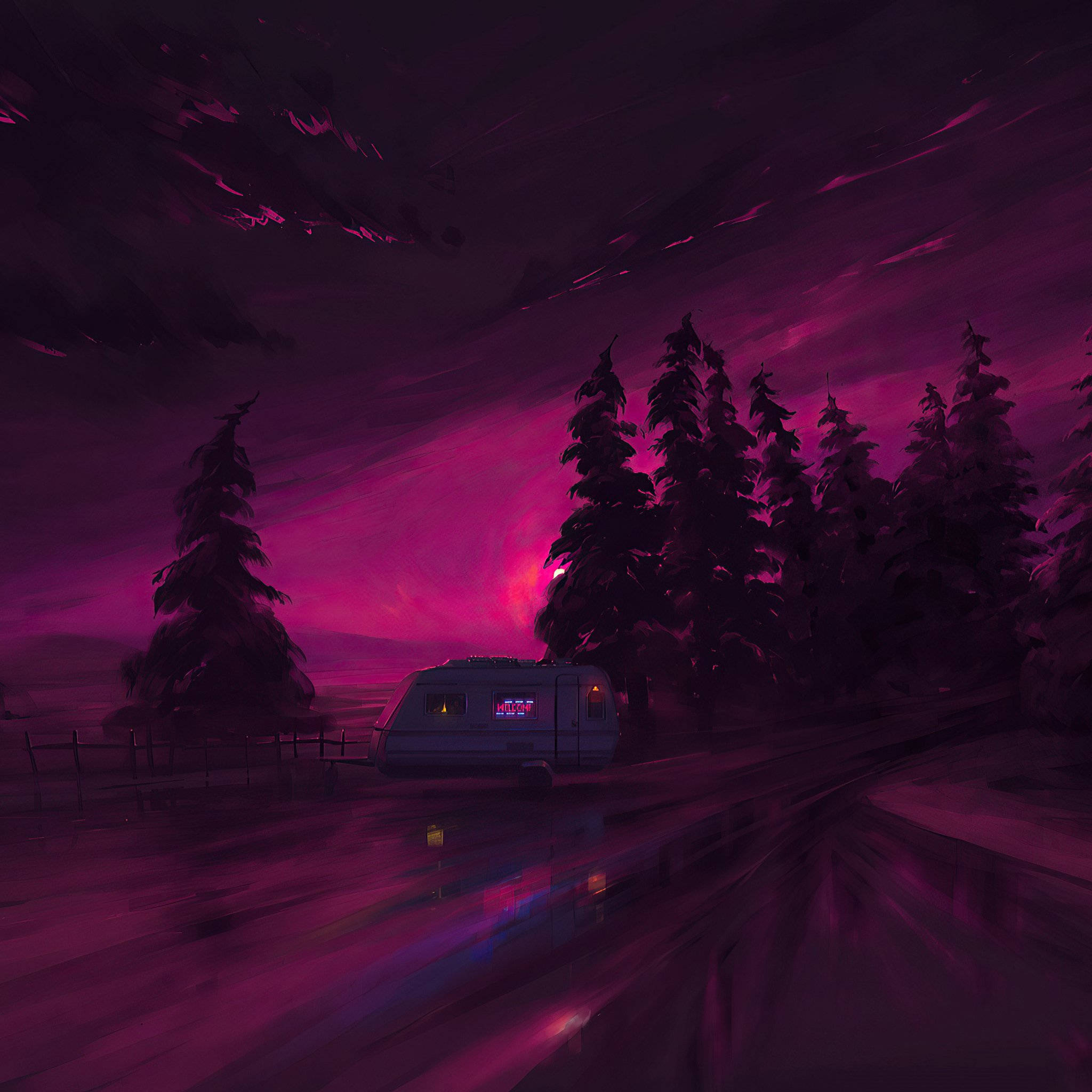 Silhouette 桌布 壁紙 — 一輛露營車在夢幻般的數位景觀中，於黃昏時分在松樹旁，在超現實的洋紅色天空下休息。